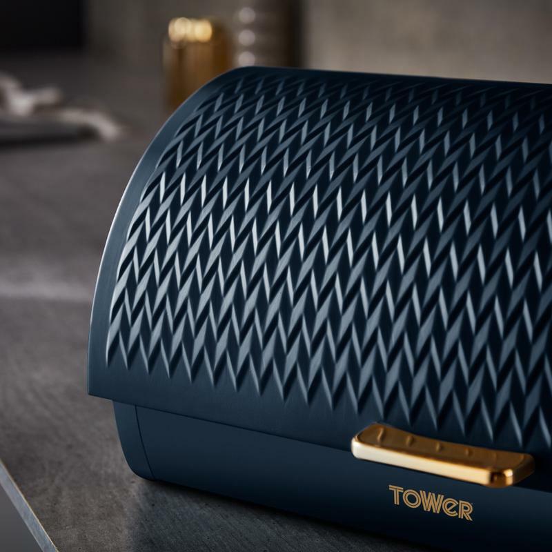 TOWER Empire Blue Jug Kettle, 4 Slice Toaster, Bread Bin & Canisters Matching Set in Midnight Blue with Brass Accents