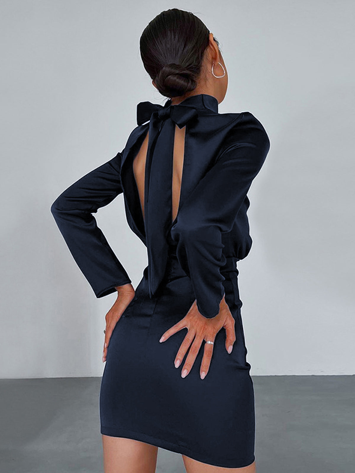 Satin Mock Neck Tie Back Short Dress for Evening Parties