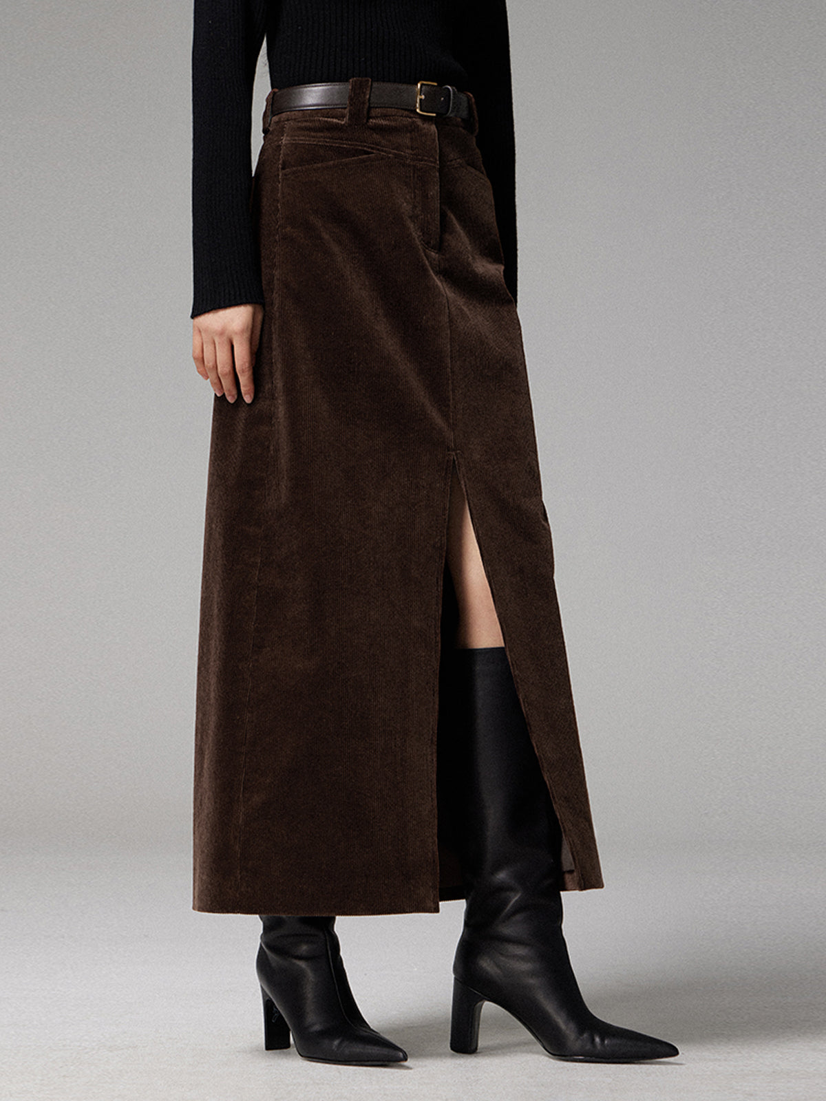 Pockets Corduroy Slit Maxi Skirt with Elastic Waistband Comfort Fit