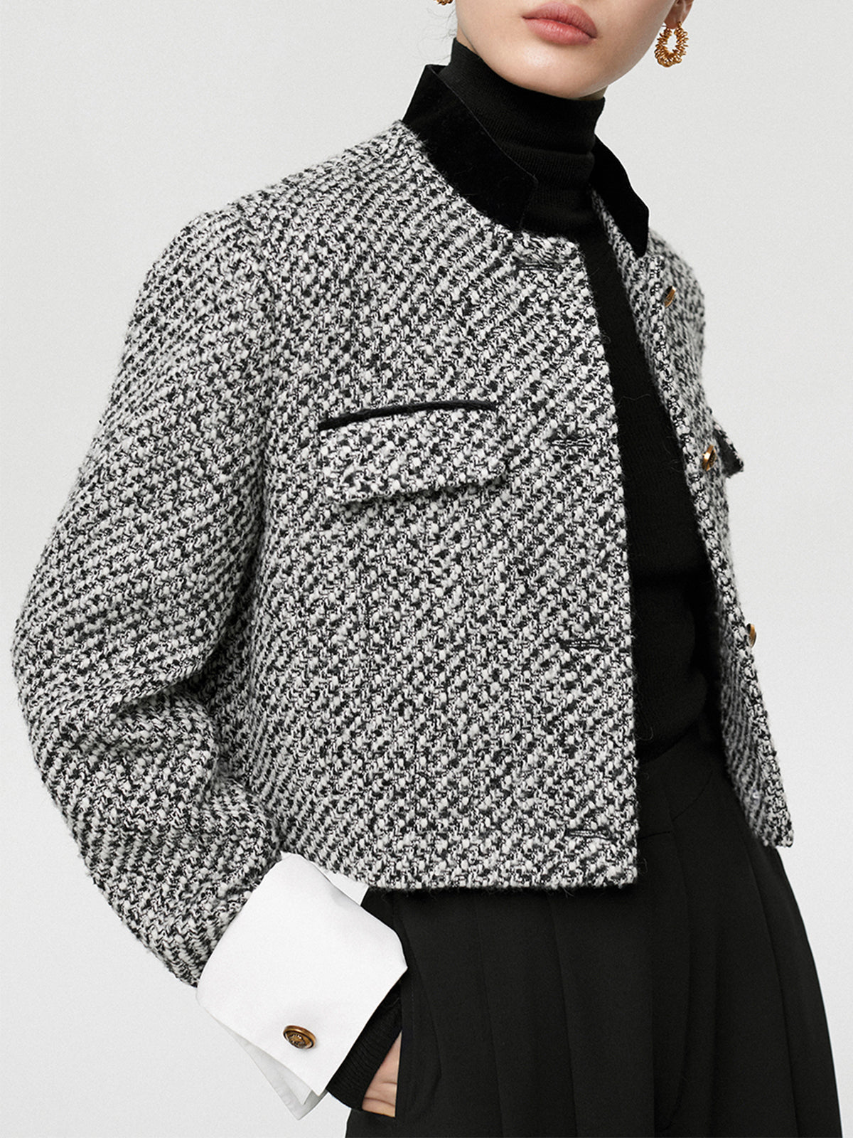 Tweed Boucle Crop Blazer for Women with Button Details
