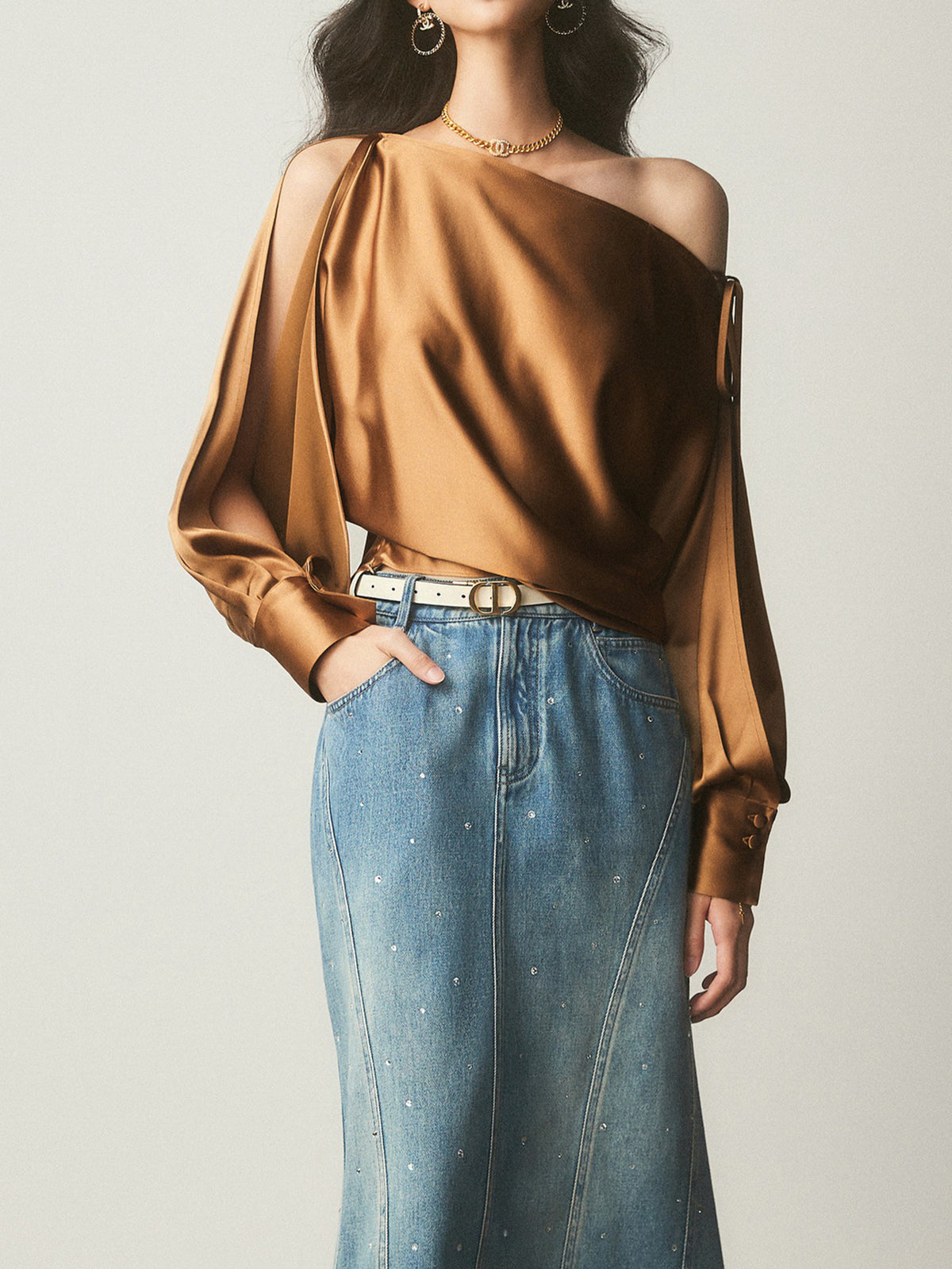 Satin Asymmetrical Cold Shoulder Tied Blouse with Elegant Draping