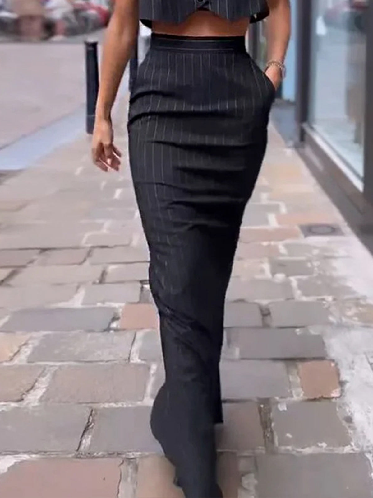 Pinstripe Button Crop Top and Mini Skirt Two-Piece Set for Women