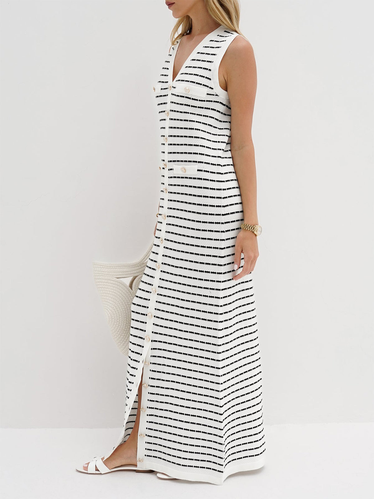 Striped Metal Button Long Sweater Dress Cozy Winter Fashion