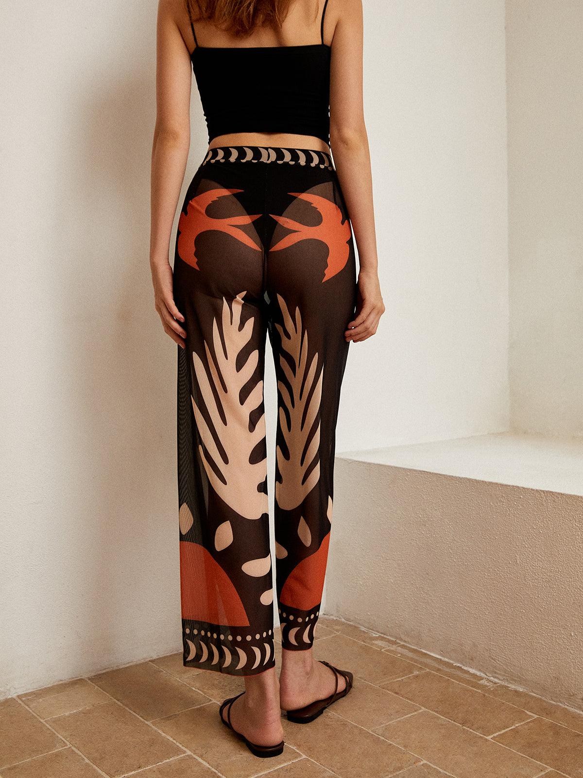 Bird Print Sheer Mesh Pants with Elastic Waistband