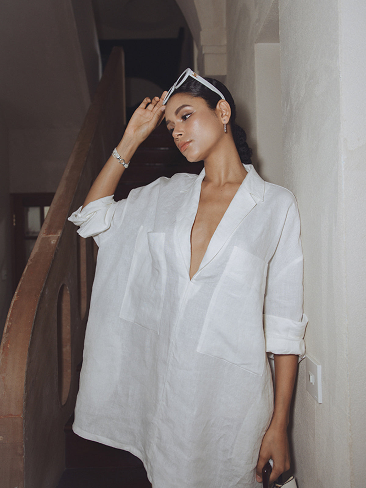 Oversized Linen Pockets Semi-Sheer Long Sleeve Dress with Tie Waist and Button Detail
