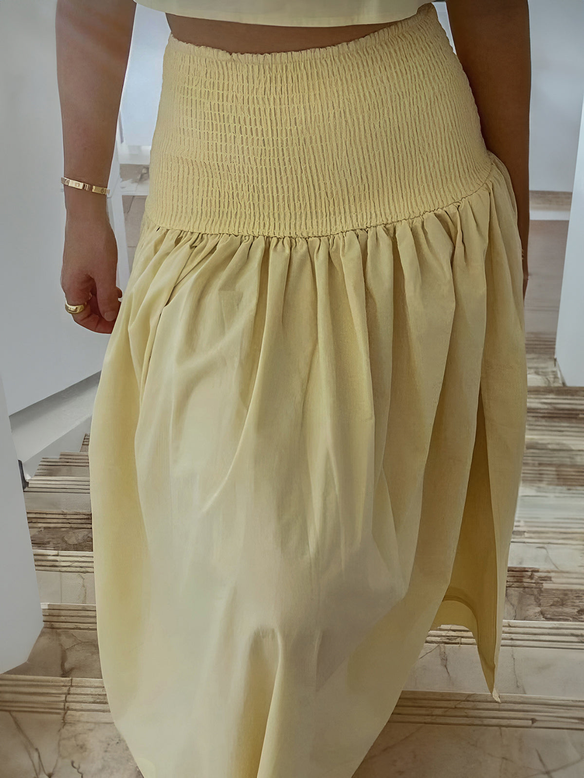 Shirred Waist Split Thigh Skirt Set with Matching Top