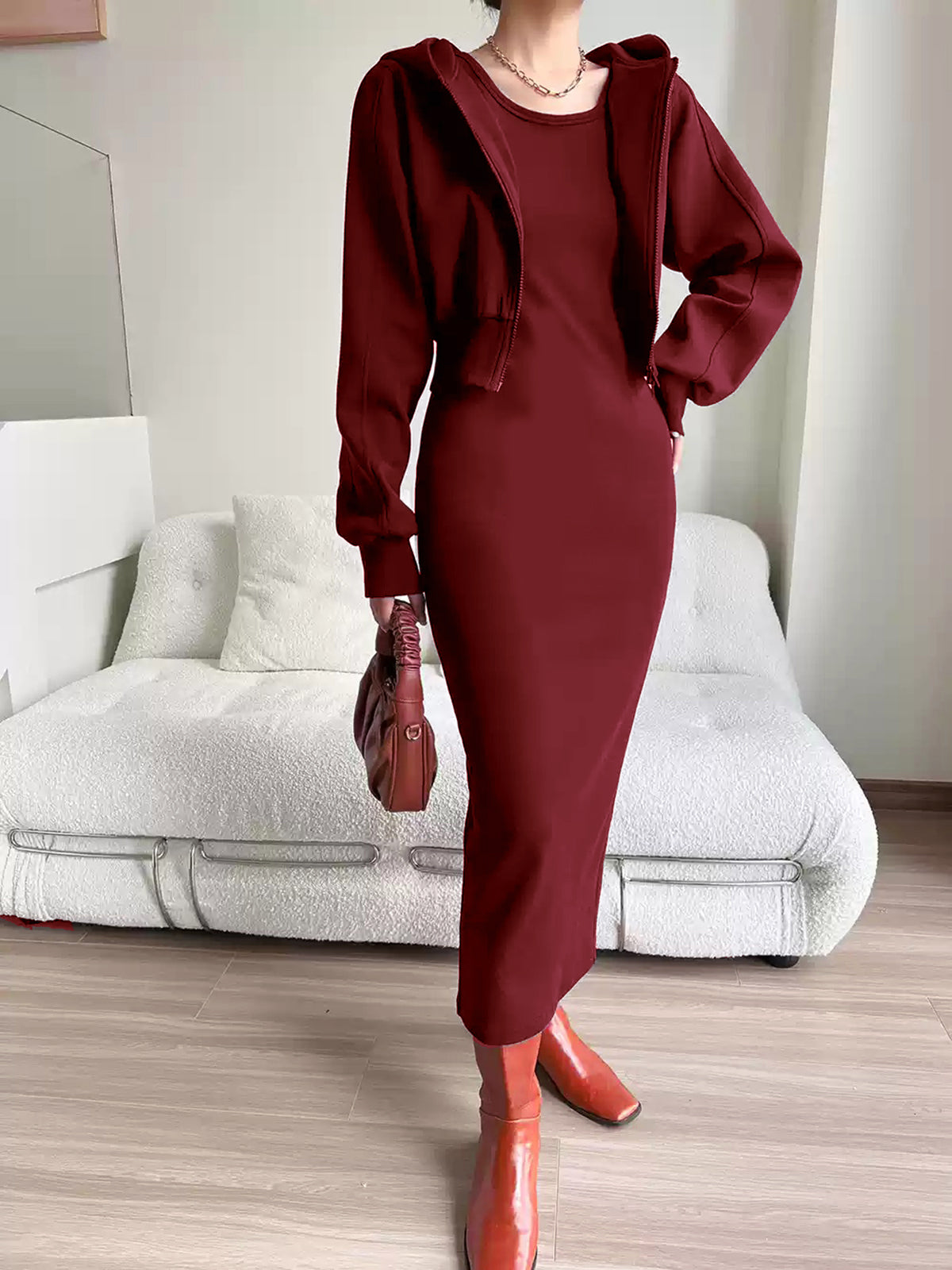 Asymmetrical Crew Neck Split Maxi Dress with Long Sleeves and Belt