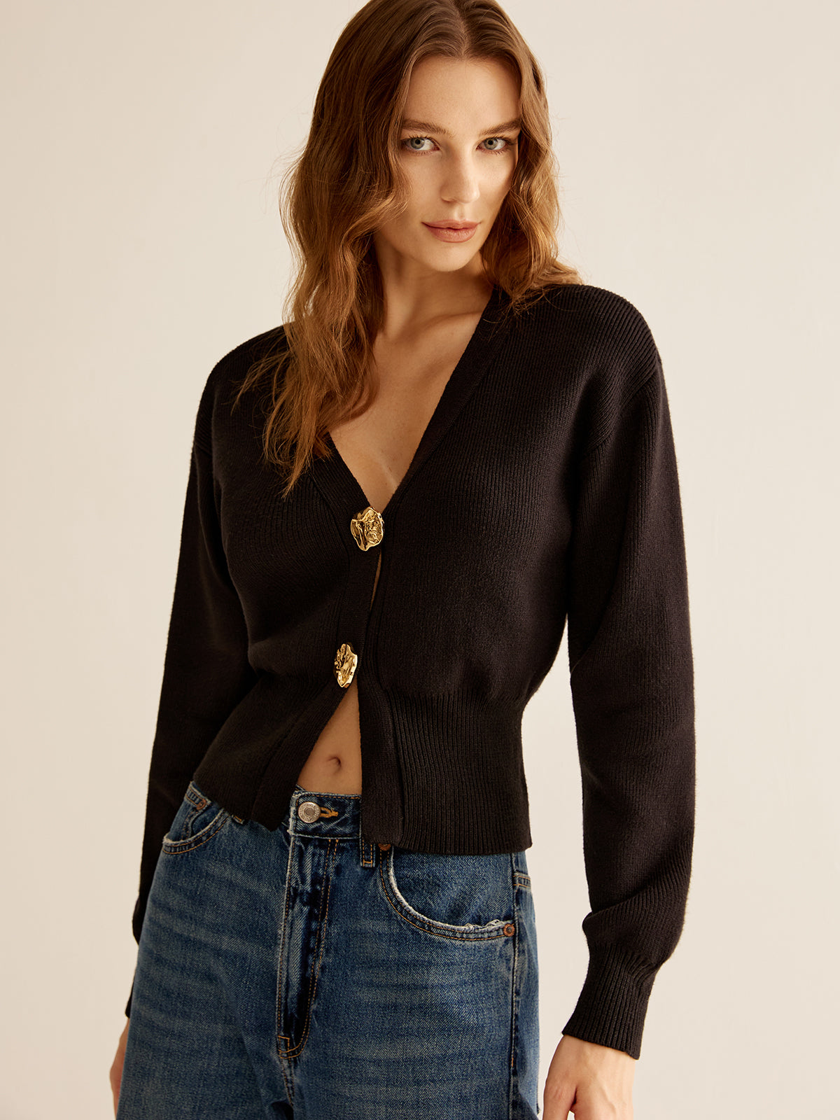 Ribbed V-Neck Cinched Cardigan Sweater for Women