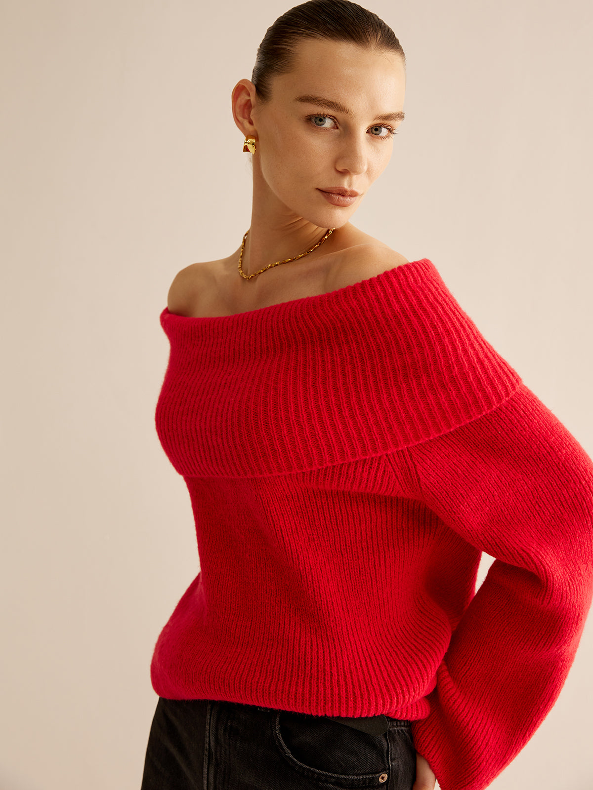 Off-Shoulder Ribbed Sweater for Women Casual Comfort