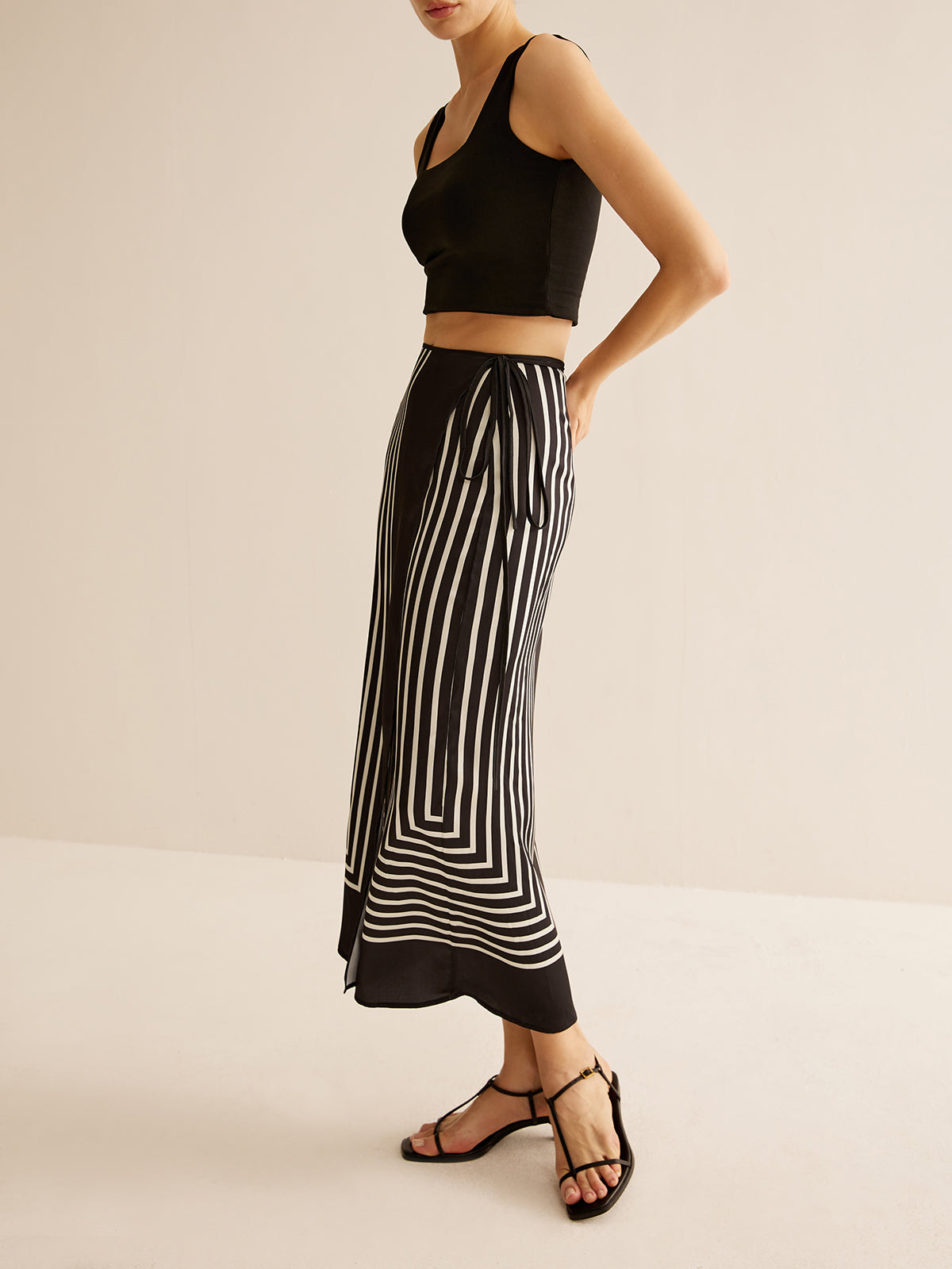 Geometric Pinstripe Satin Wrap Tie Skirt with Adjustable Waist Closure