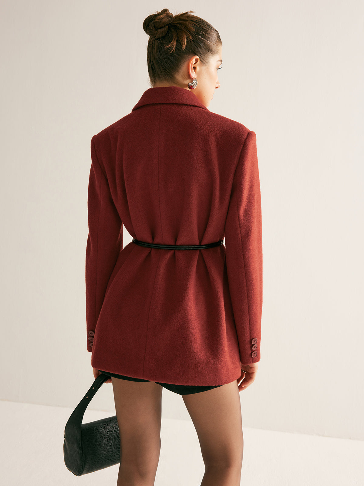 Wool-Blend Belted Blazer With Shoulder Pads, Women's Tailored Fashion Jacket