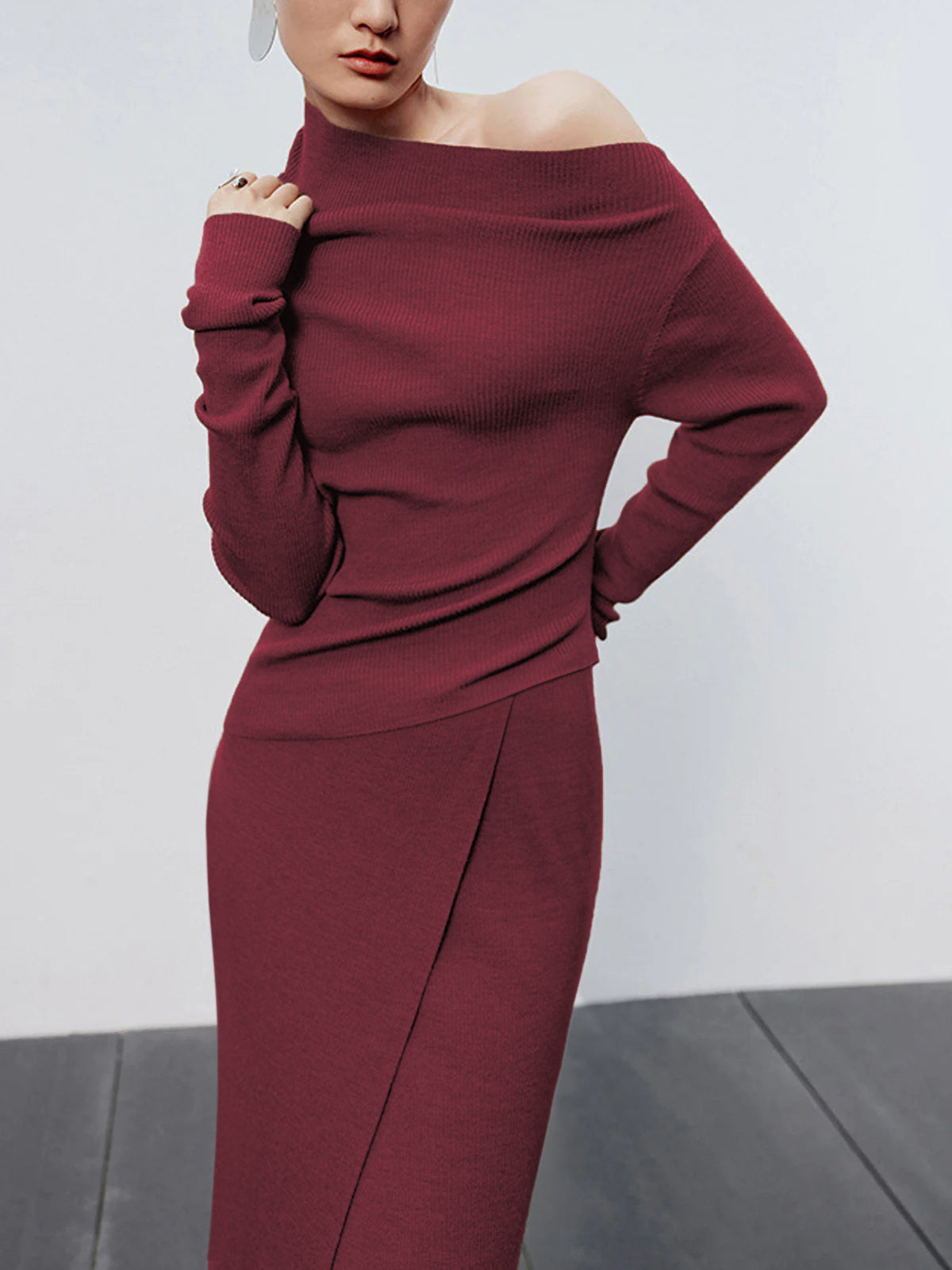 Caramel Asymmetric Neckline Long Sleeve Knit Top for Women Casual Comfort