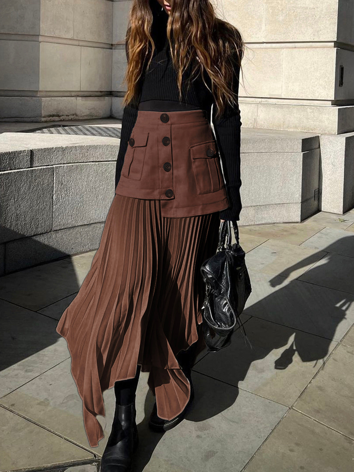 Patchwork Asymmetrical Pleated Buttoned Midi Skirt with High Waist Design