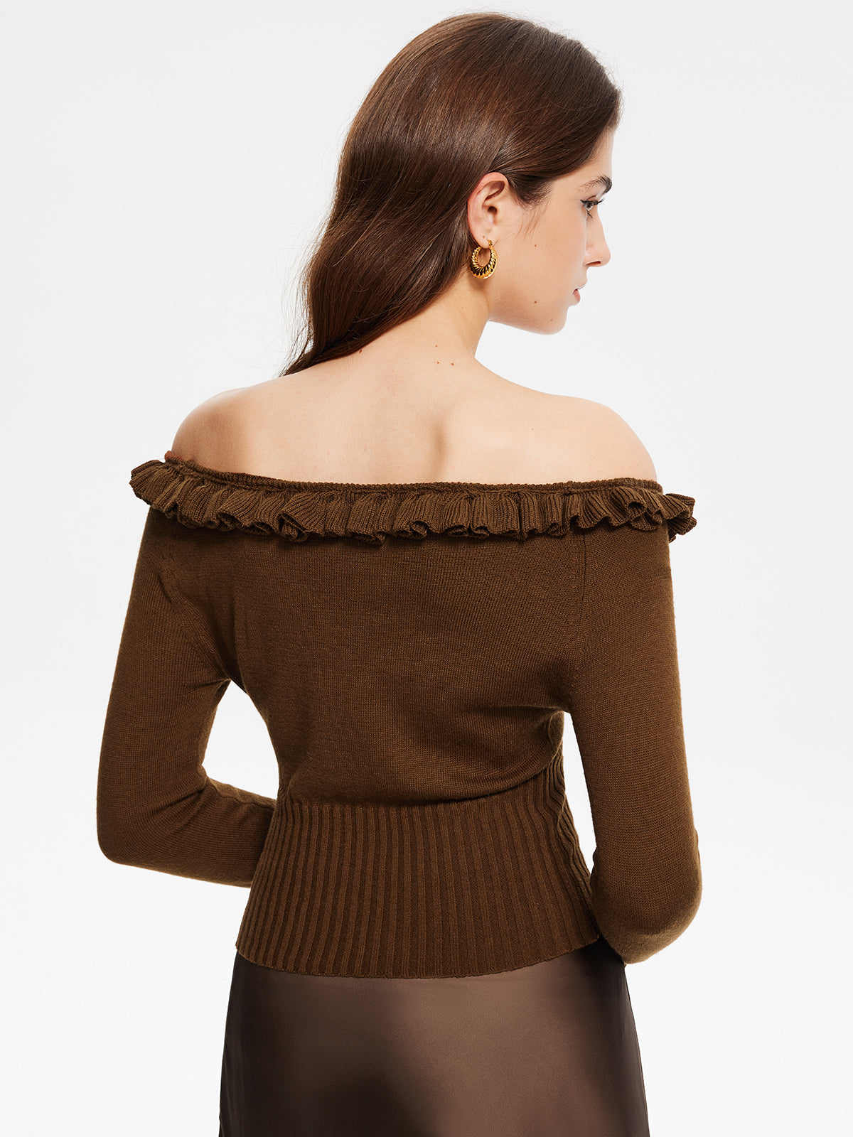 Cashmere-Blend Off-Shoulder Ruffle Sweater Elegant Winter Fashion Essential