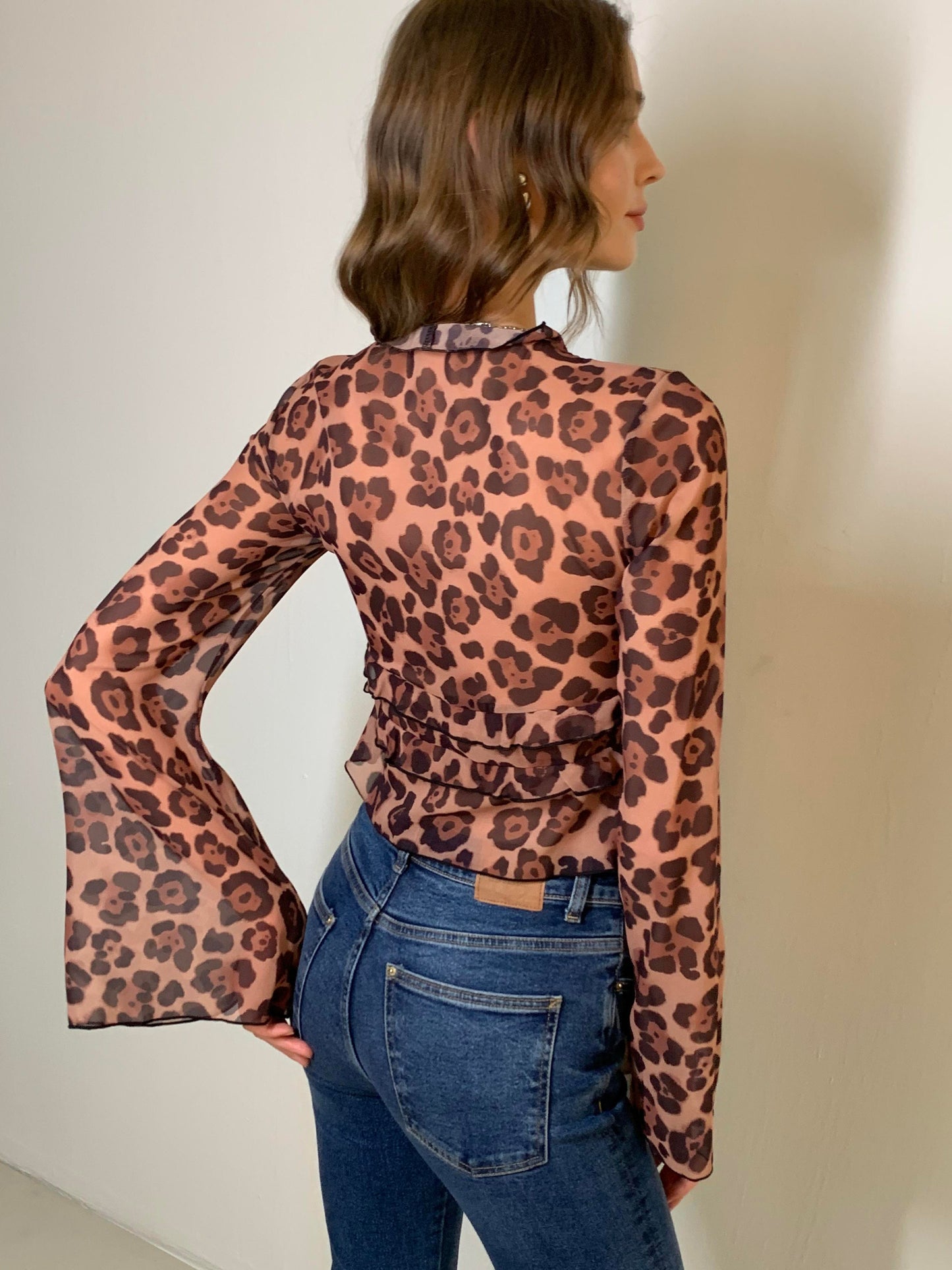 Leopard Print Semi-Sheer Ruffle V-Neck Blouse for Women Lightweight
