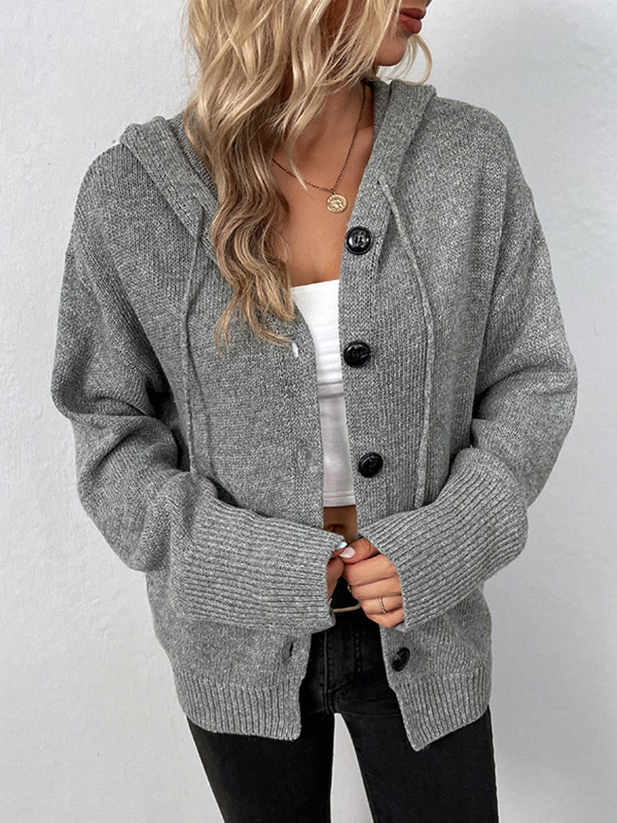 Button Drawstring Hooded Cardigan with Long Sleeves and Pockets