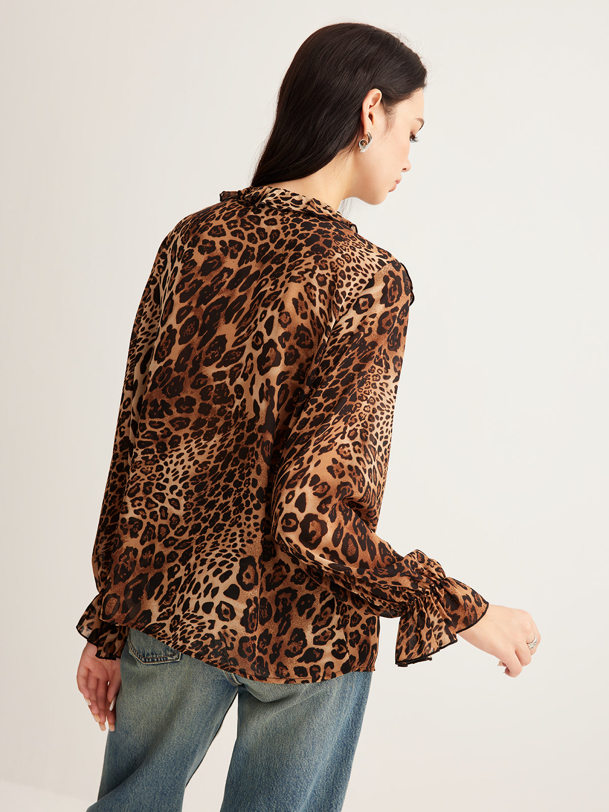 Leopard Printed Ruffle Blouse Women's Trendy Casual Top