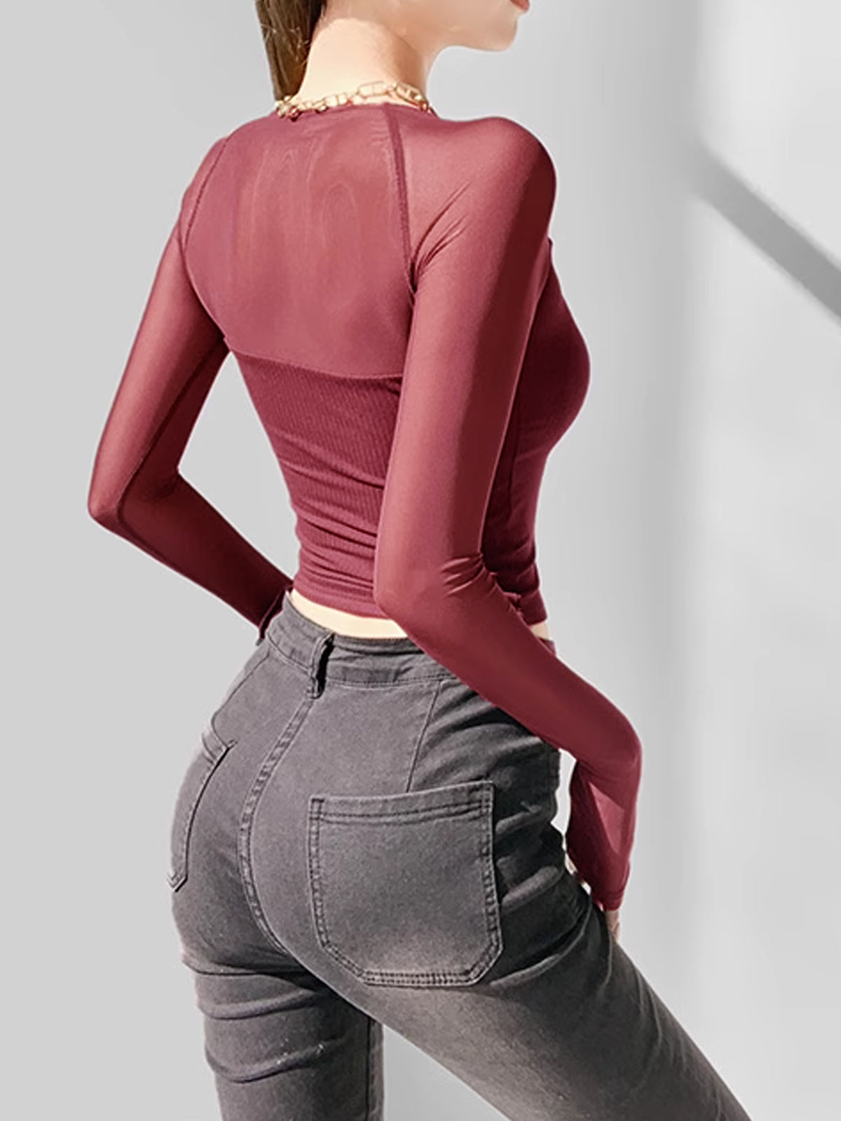 Square Neck Sheer Panel Crop T-Shirt Trendy Lightweight Summer Top