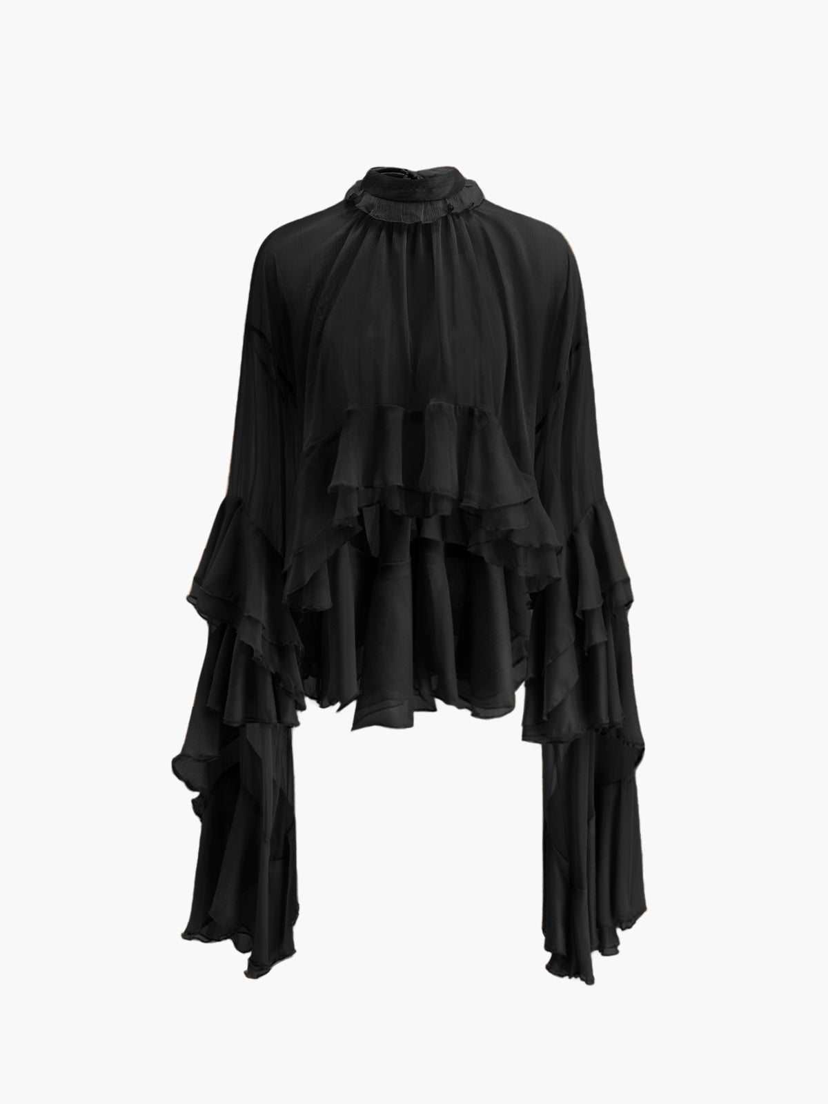Sheer Turtleneck Ruffle Chiffon Blouse Long Sleeve Elegant Women's Top