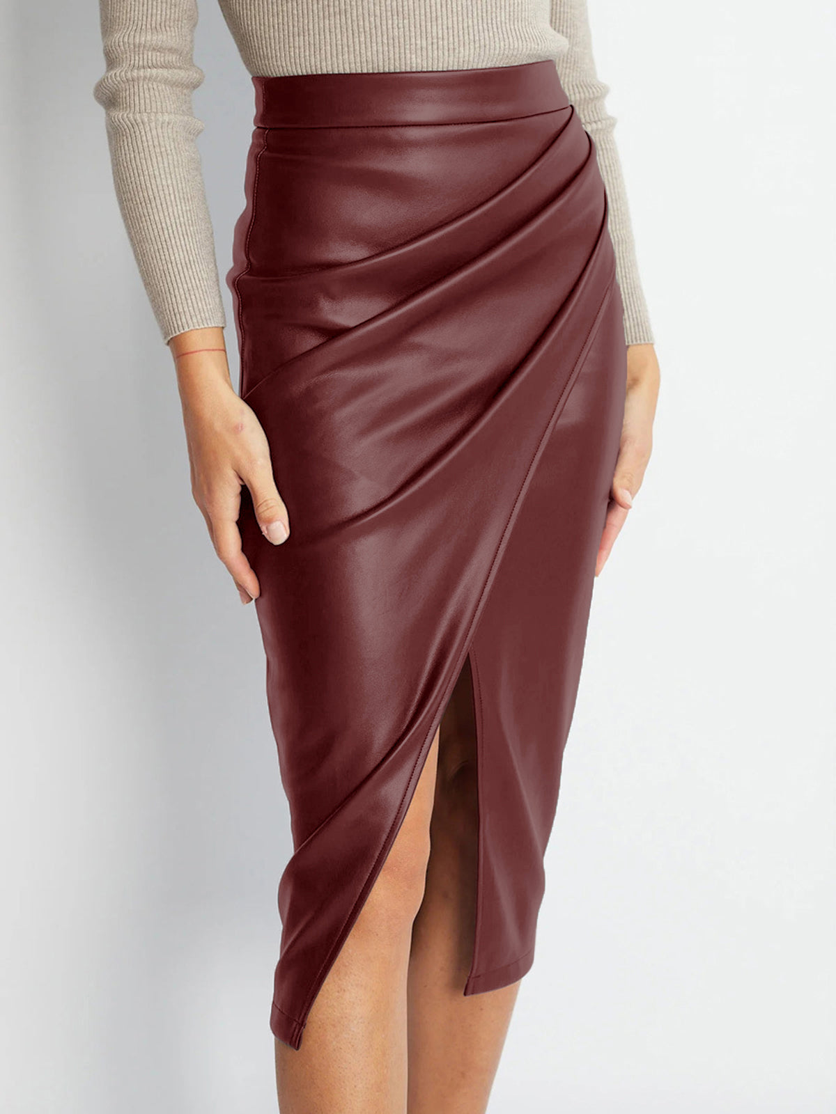 Pleated Split PU Leather Skirt High Waist Fashion Midi