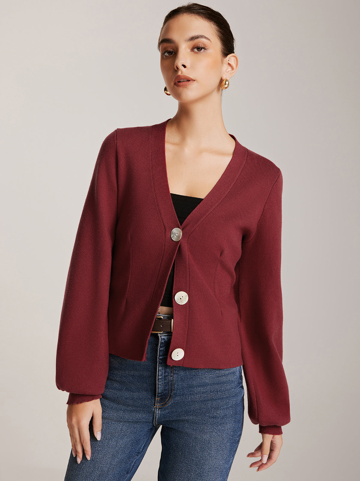 Lantern Sleeve Button Cardigan Cozy Knit Women's Sweater