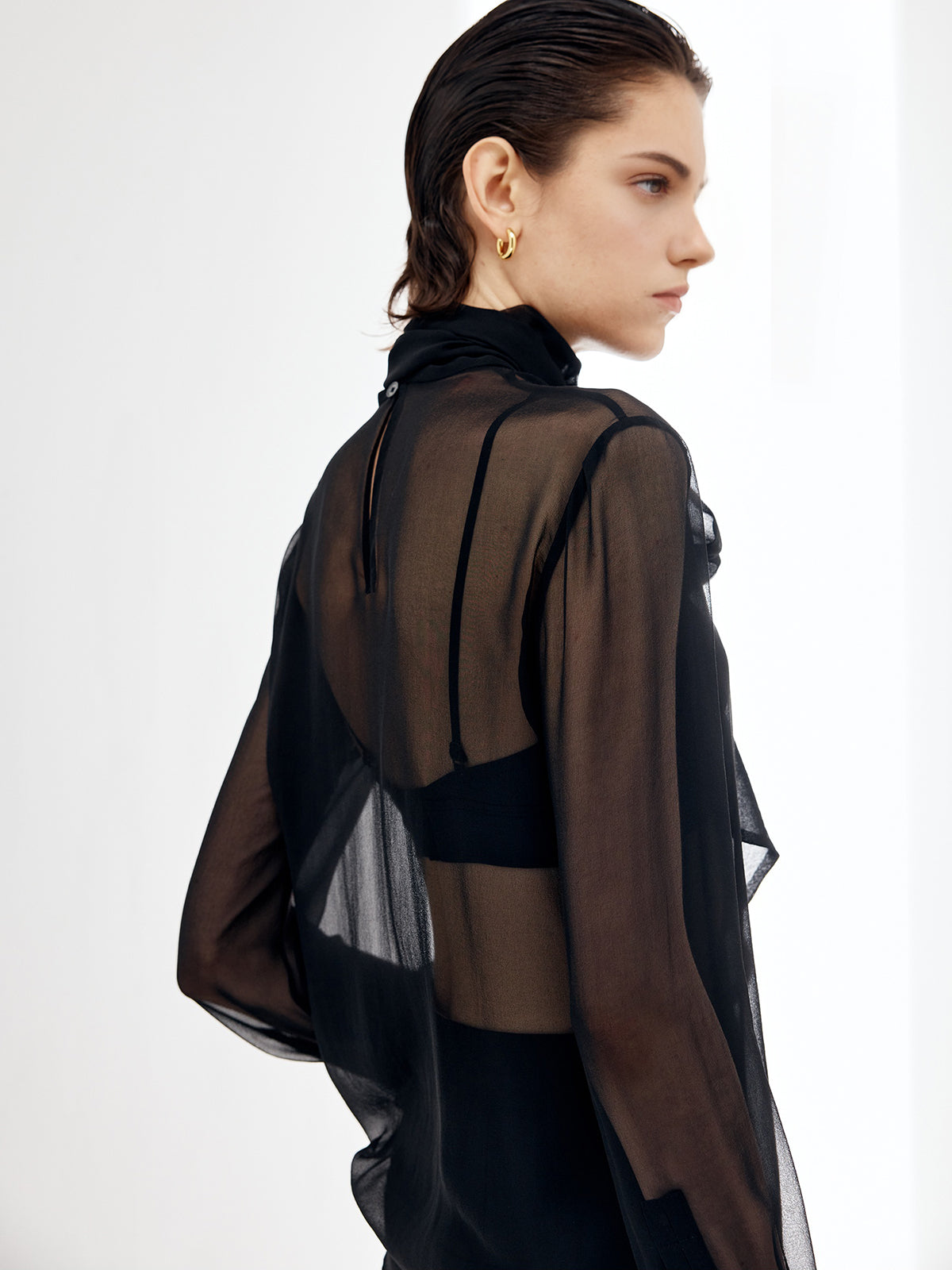Sheer Bow Chiffon Blouse Elegant Lightweight Long Sleeve Pullover