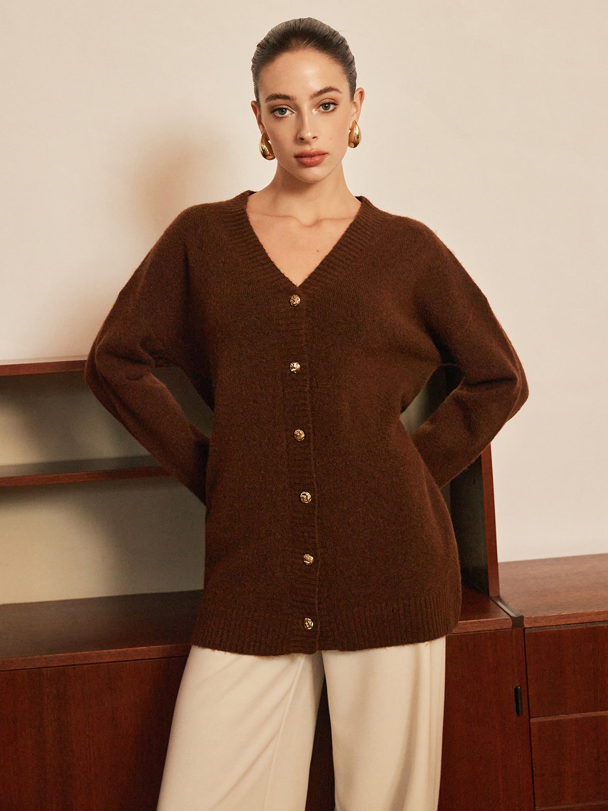 Wool-Blend Metal-Button Belted Cardigan with Pockets and Shawl Collar
