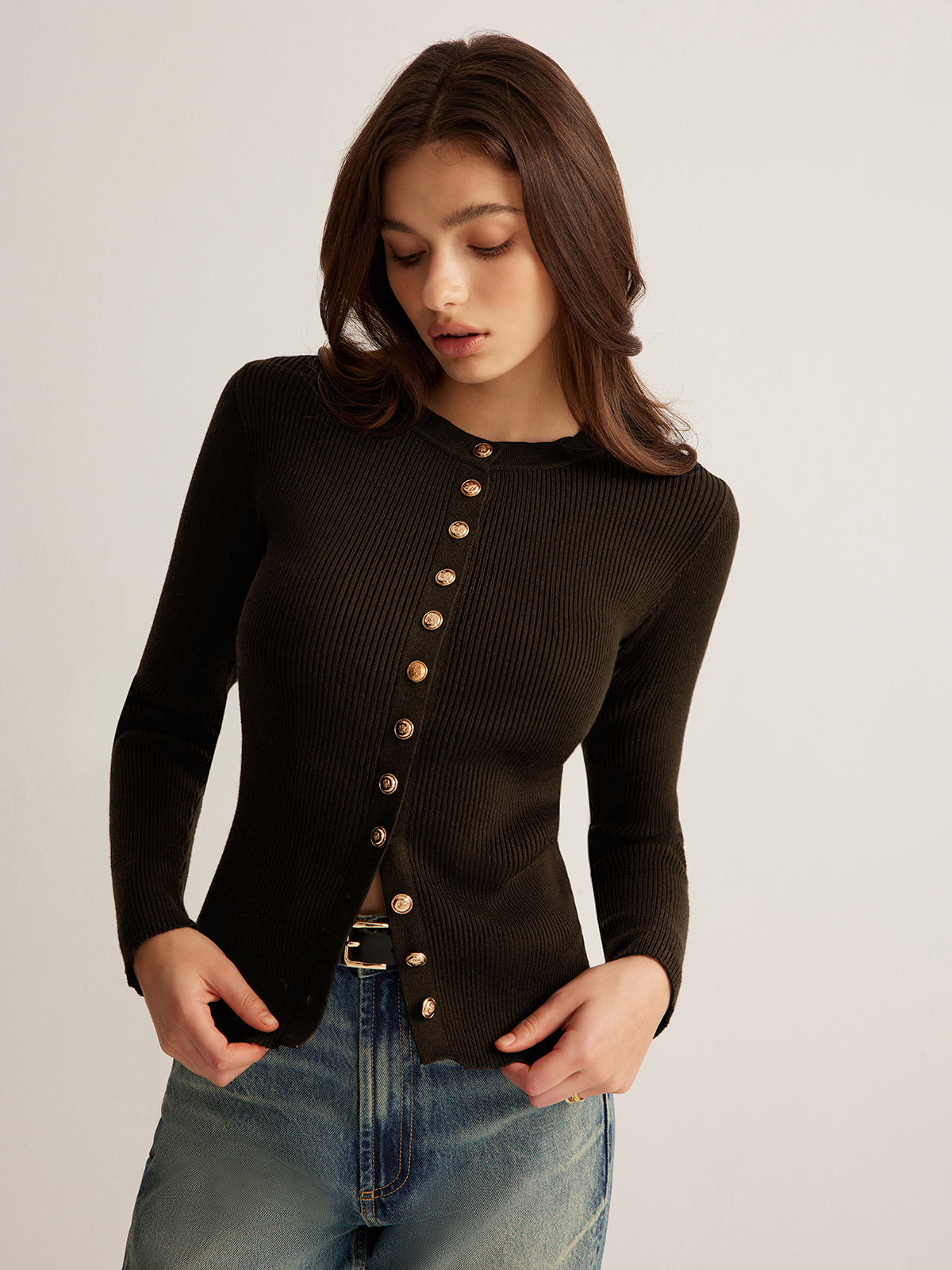 Button Down Skinny Knit Top Long Sleeve Fitted Sweater