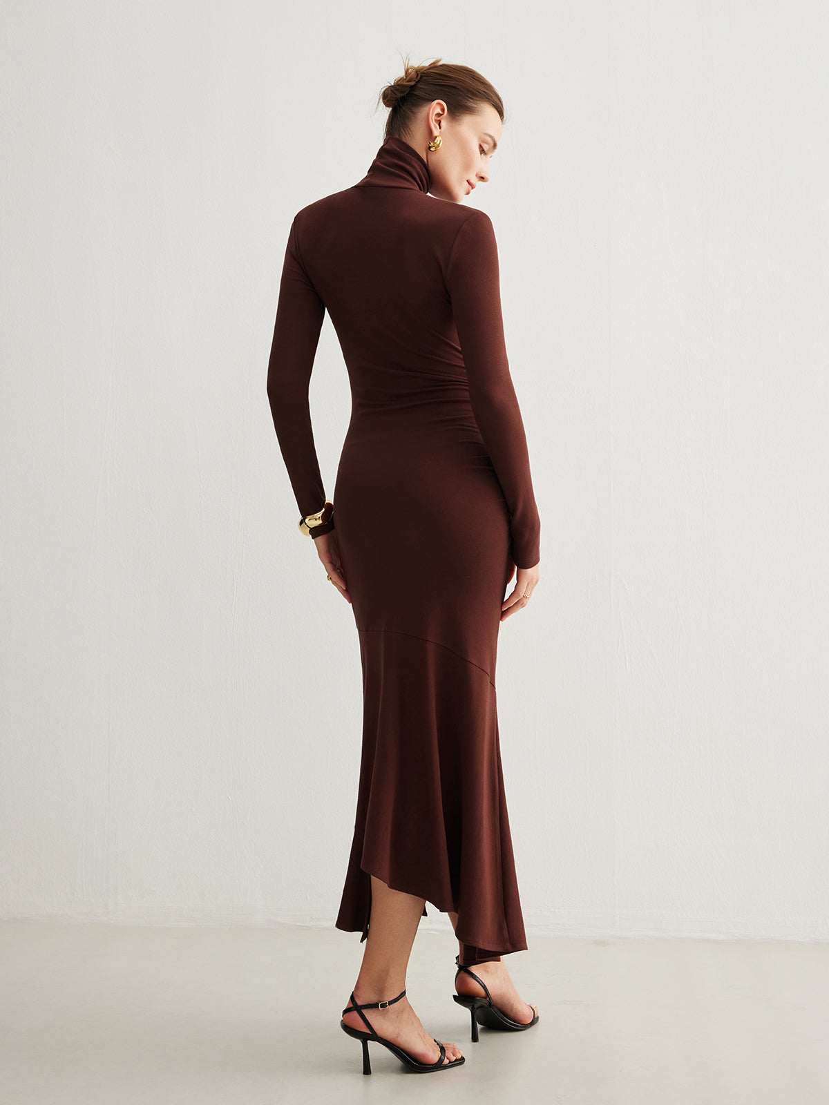 Turtleneck Irregular Pleated Long Dress Elegant Flowy Maxi Style