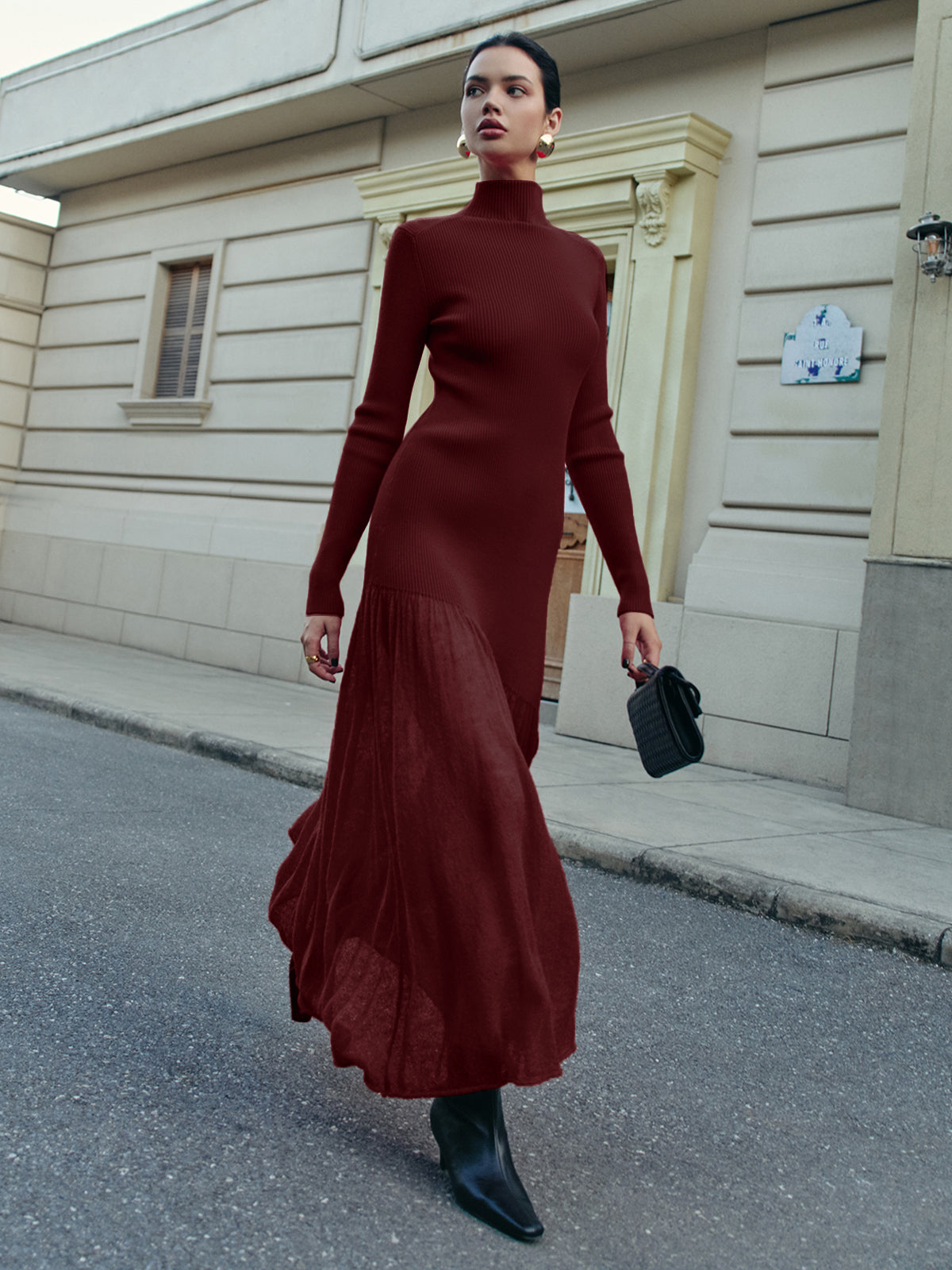 Mock Neck Pleated Panel Sweater Dress with Bell Sleeves and A-Line Skirt