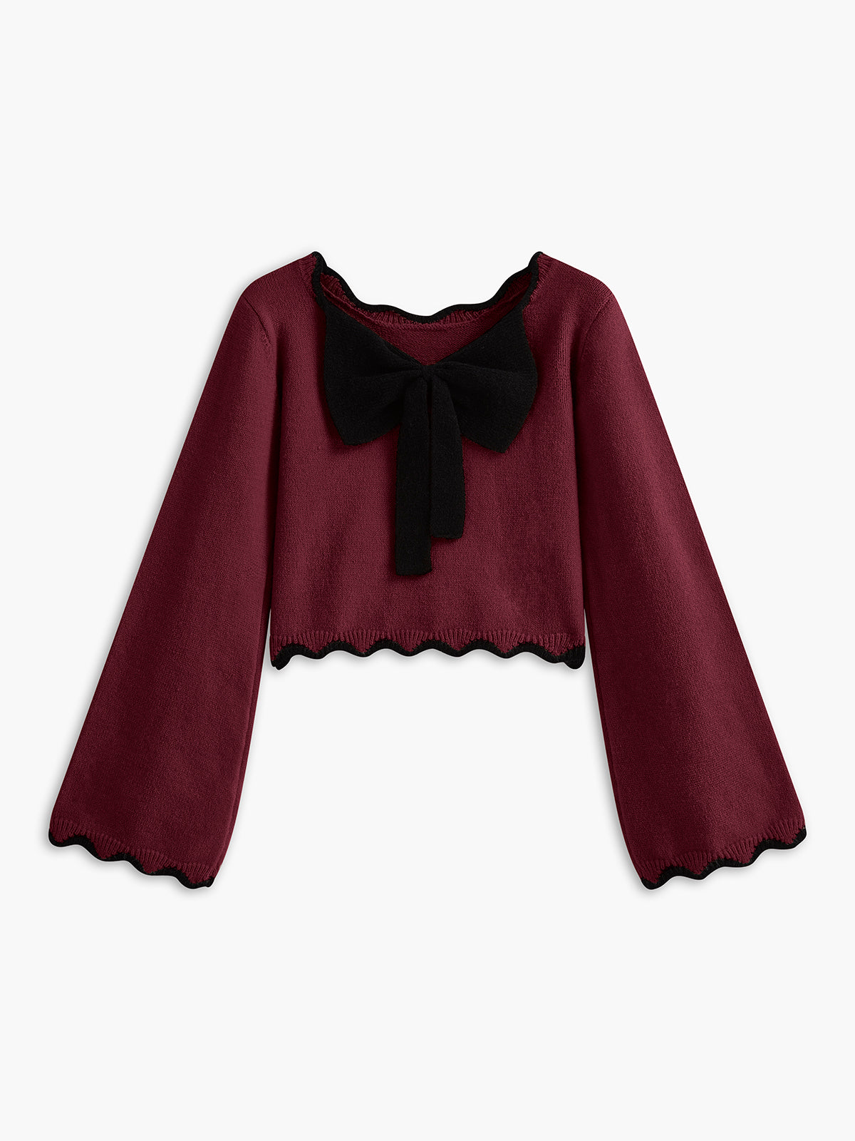 Contrast Wave Trim Bow Sweater Textured Knit Pullover Top