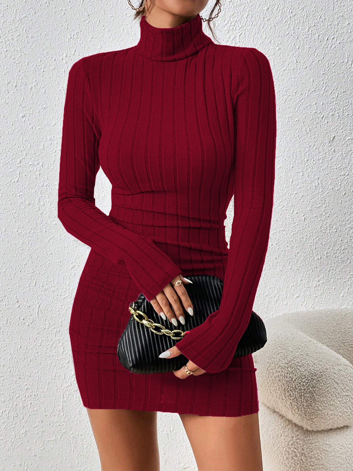 Mock Neck Hip-Covering Ribbed Dress with Long Sleeves and Stretch Fit