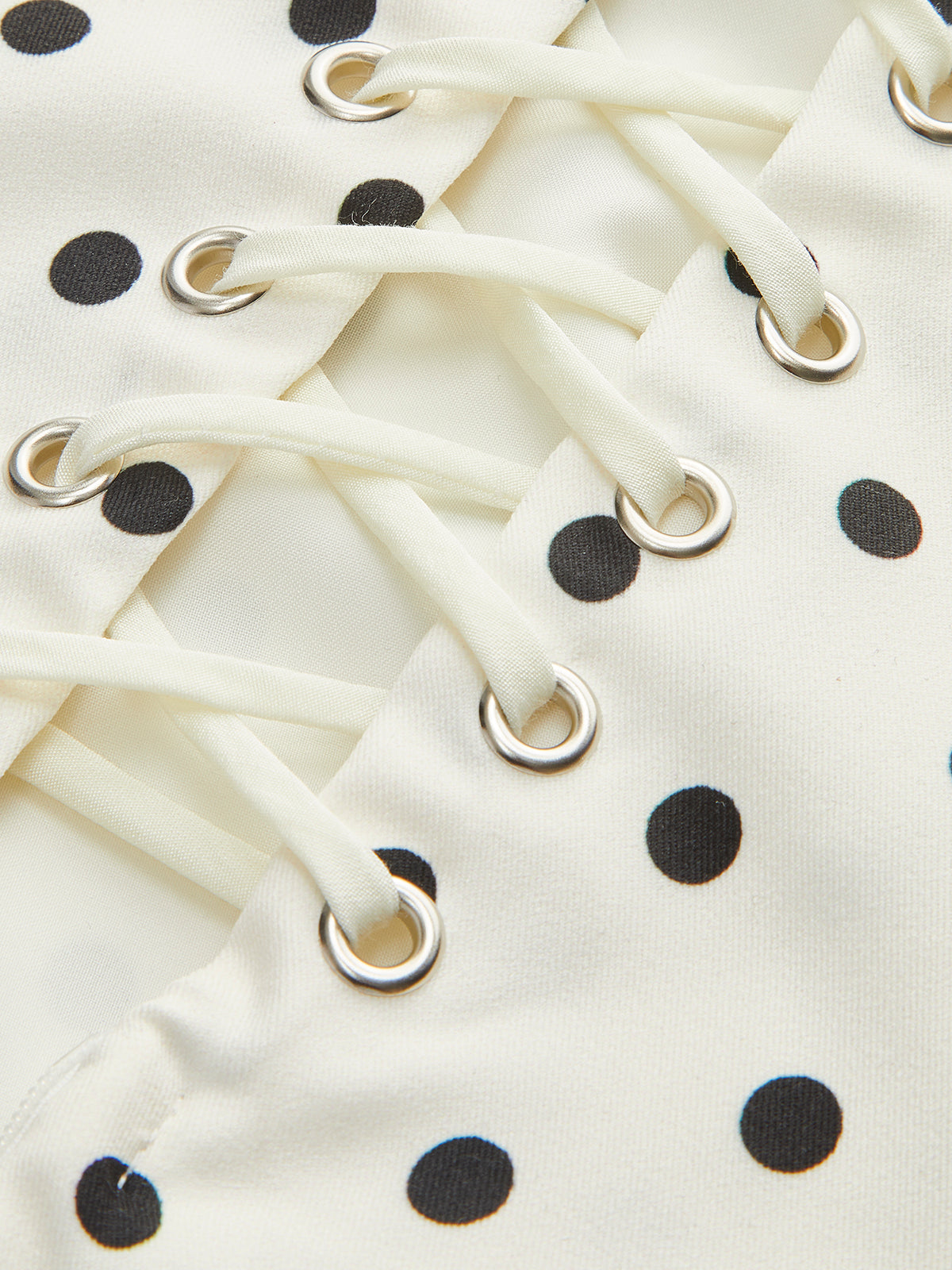 Polka Dot Lace-Up Back Dress with Flared Skirt Detail