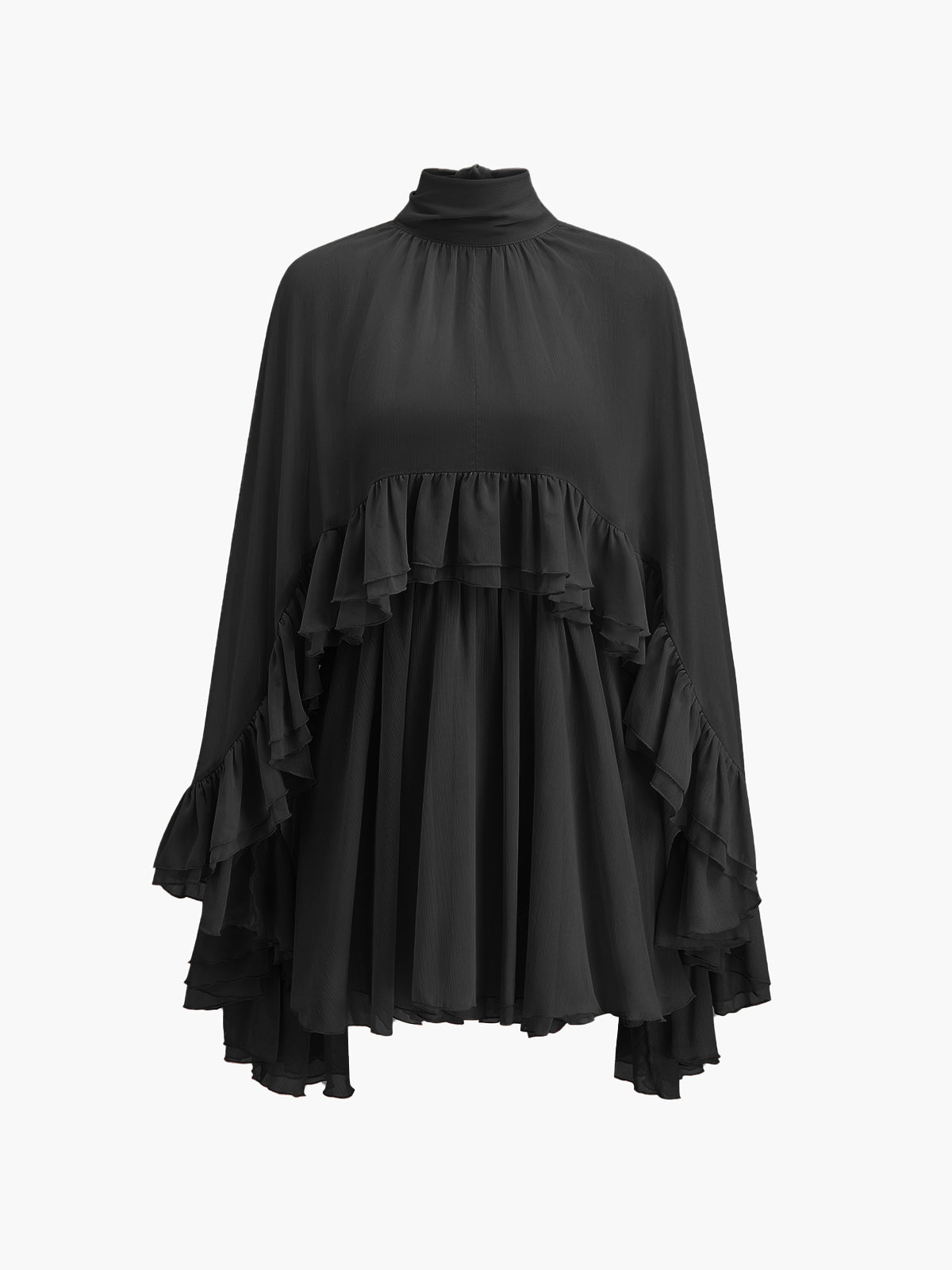 Semi-Sheer Chiffon Ruffle Dress With Flowing Outer Cape Elegant Layers