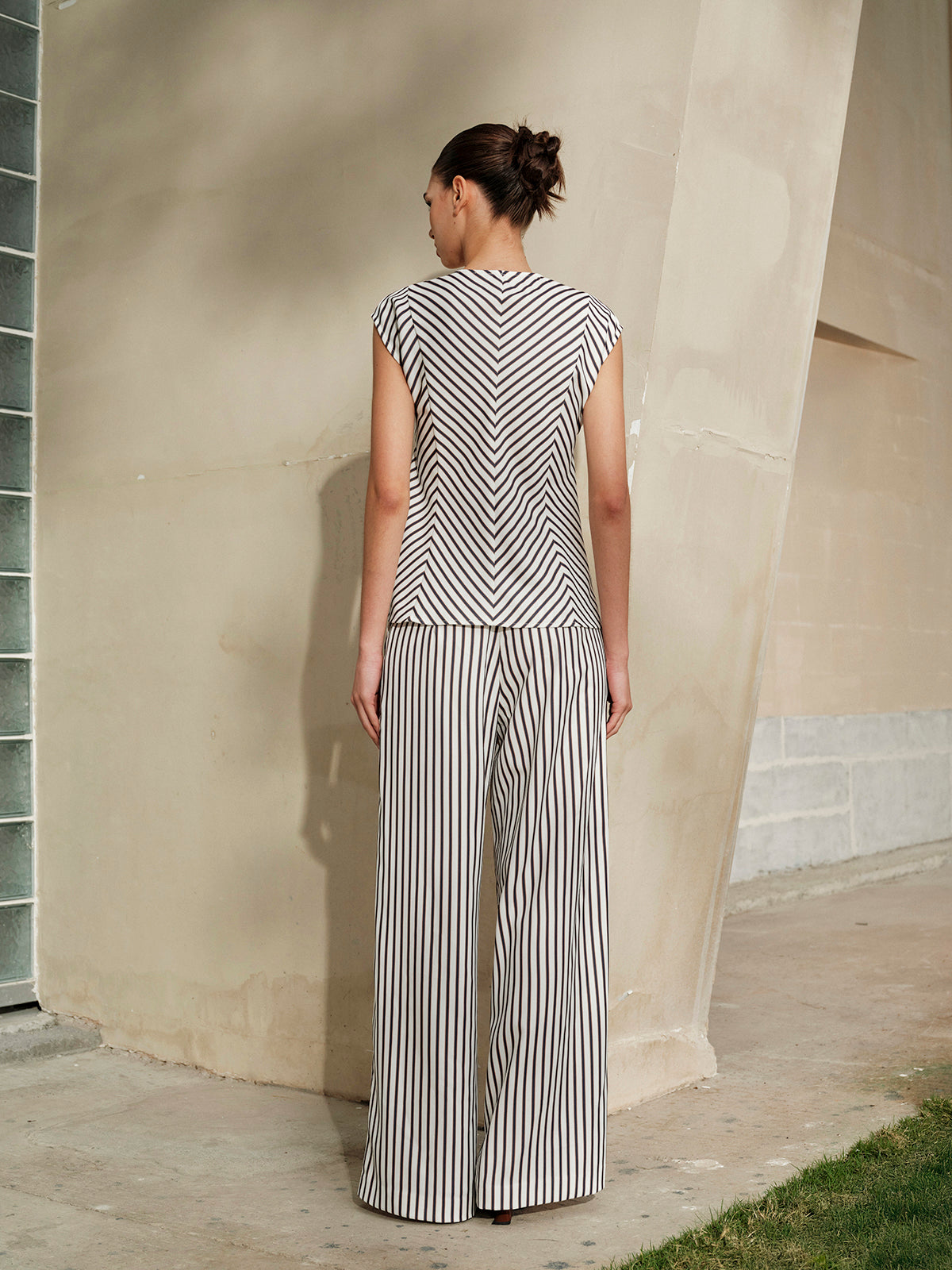 Striped Metal Round-Neck Shirt With Belt Casual Office Wear