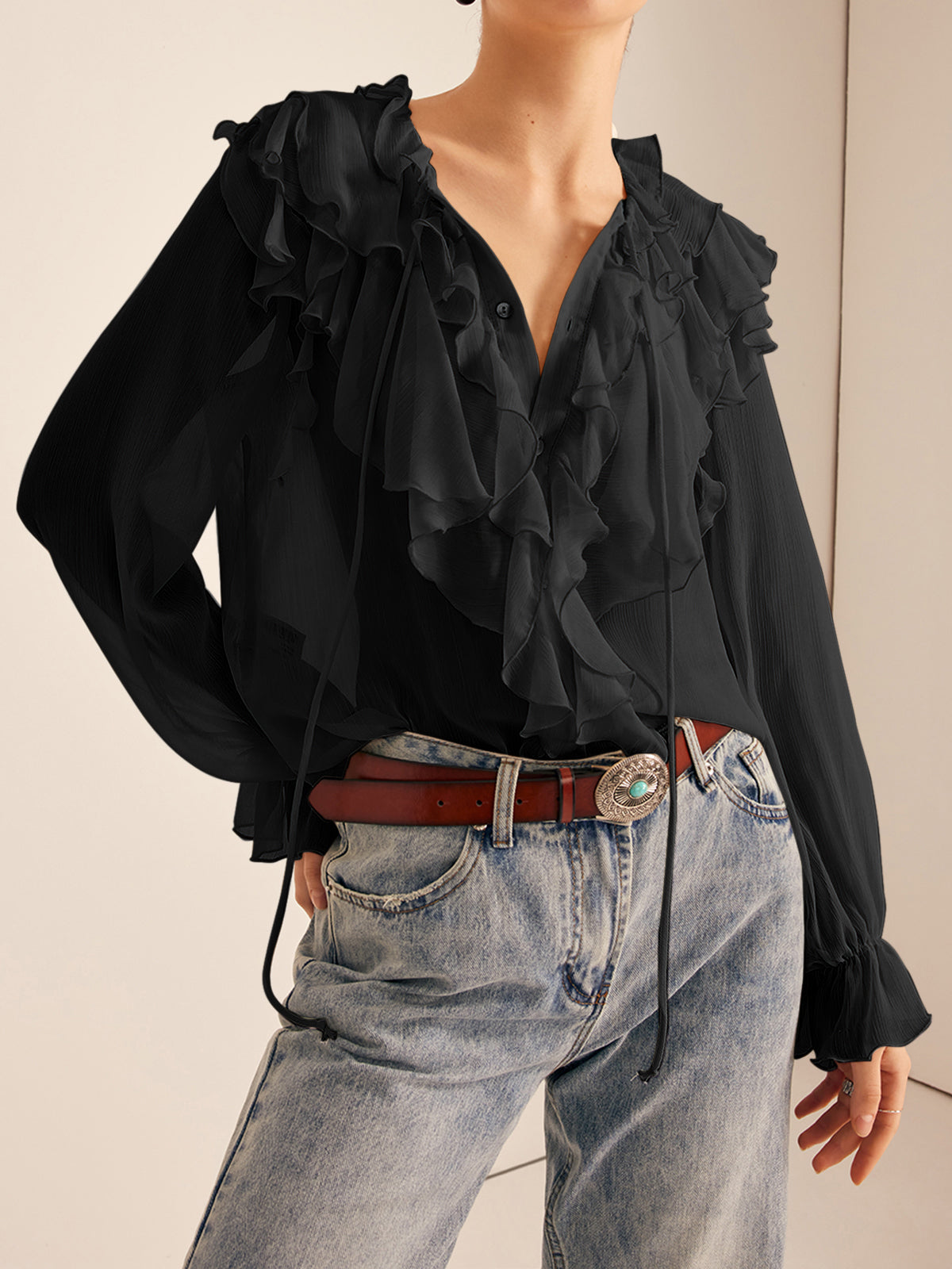 Semi-Sheer Ruffle Chiffon Breasted Blouse with Tie Neck Detail