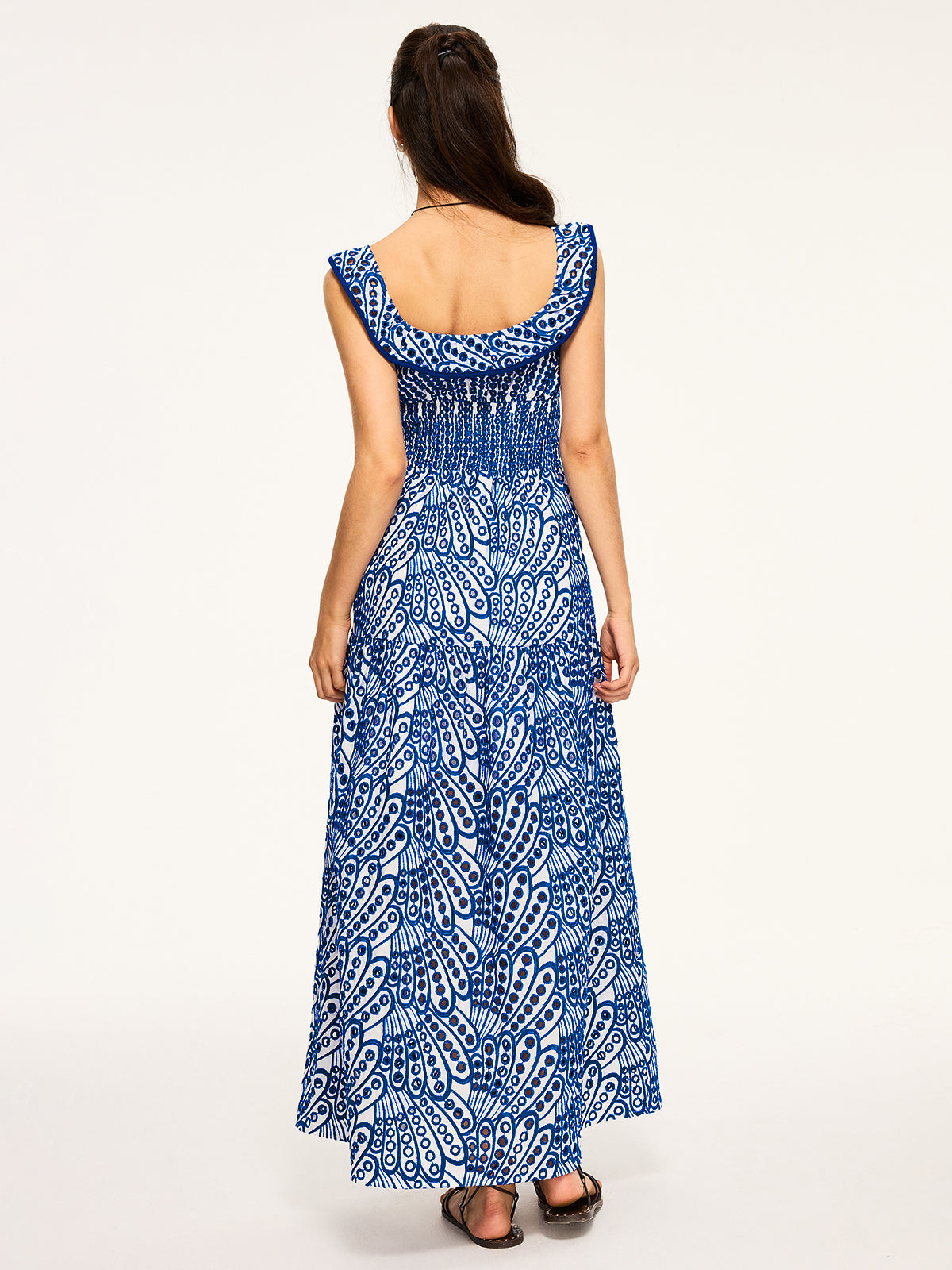 Semi-Sheer Embroidered Maxi Dress with Ruffled Trim and Floral Detailing