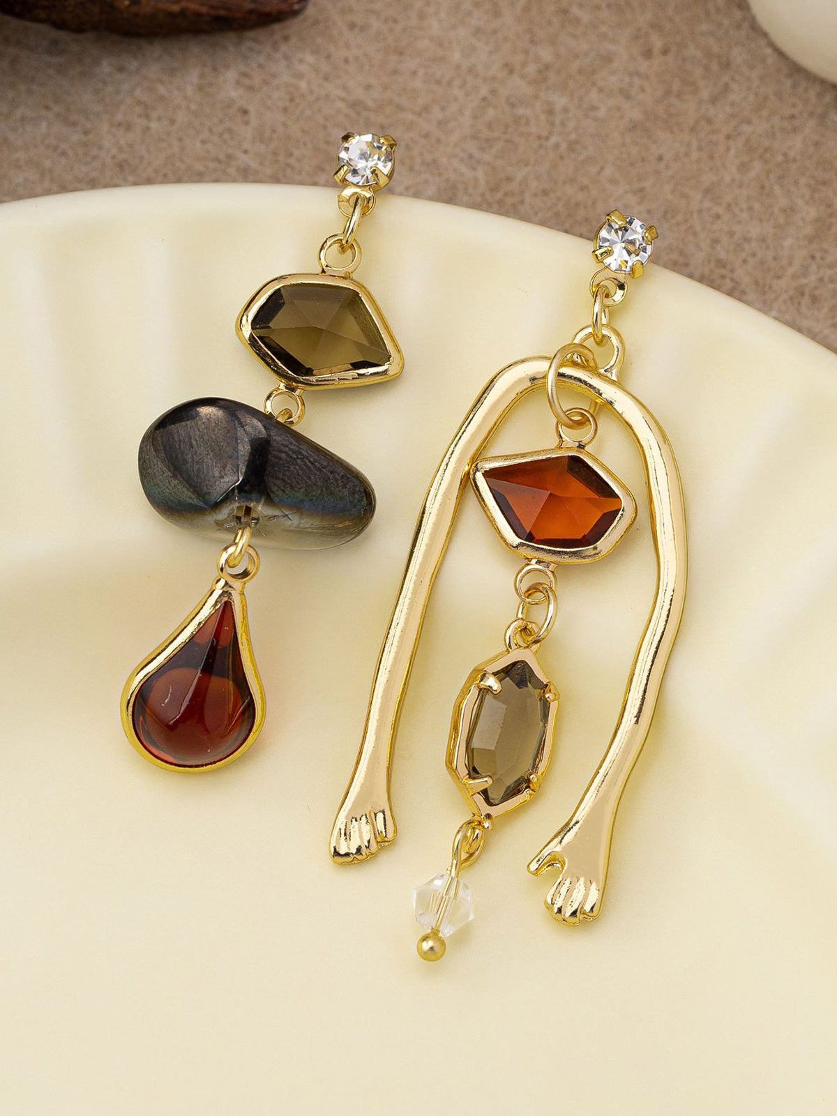 Asymmetrical Gemstone Drop Earrings With Hand Detail, Unique Artisan Crafted Jewelry