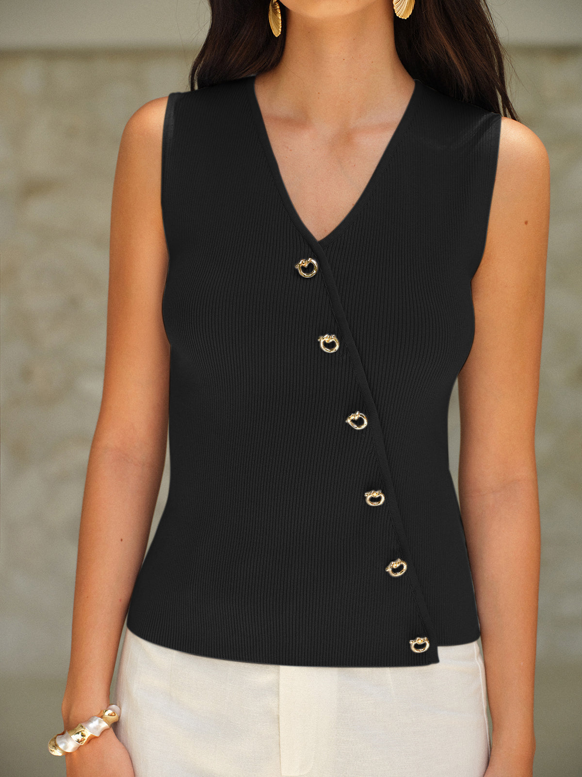 Sleeveless V-Neck Top with Gold Buttons Trendy Women's Fashion