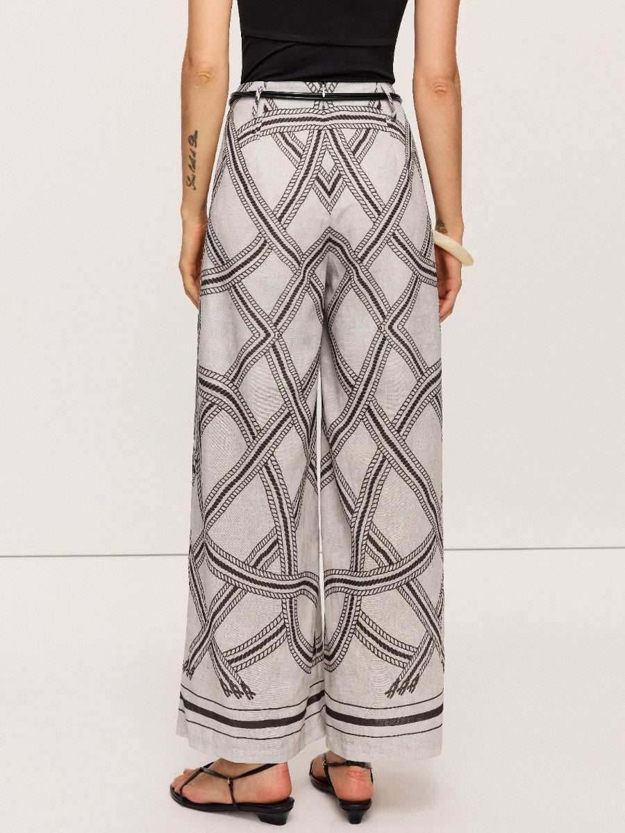 Geometric Print Belted Wide-Leg Pants for Women, Casual High-Waisted Trousers