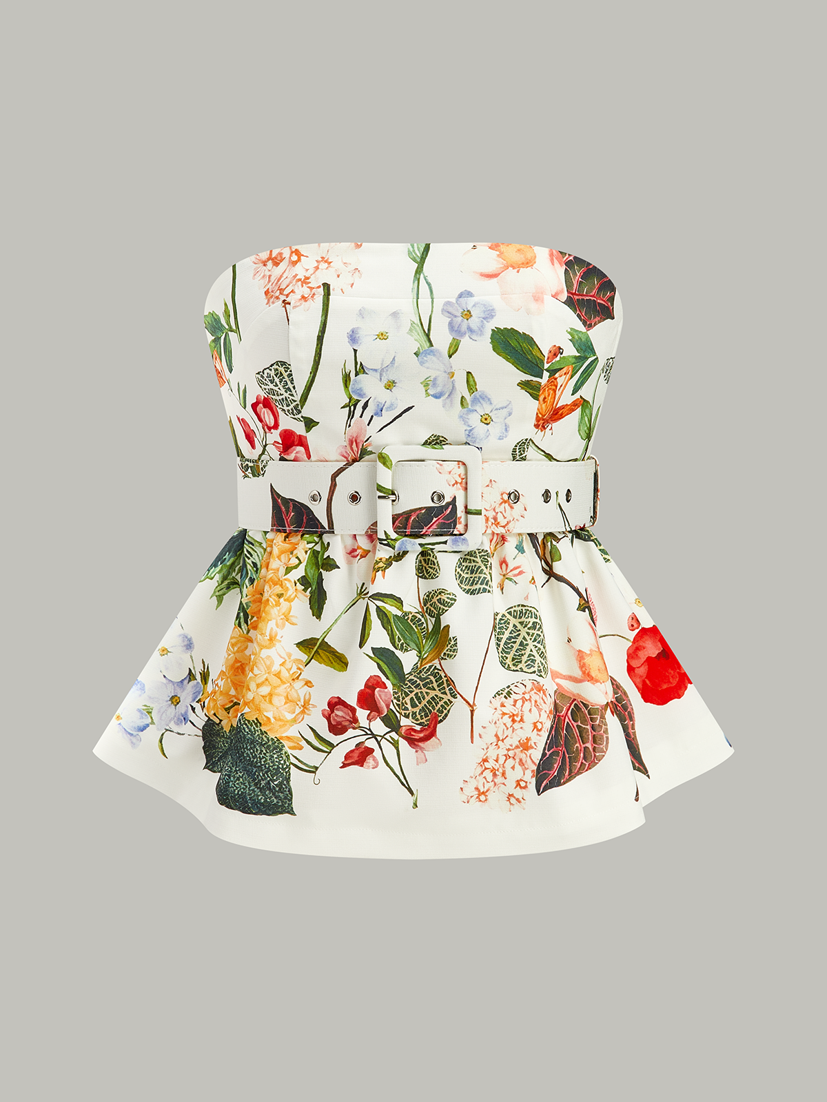 Floral Print Strapless Peplum Top with Belt, Summer Casual Wear