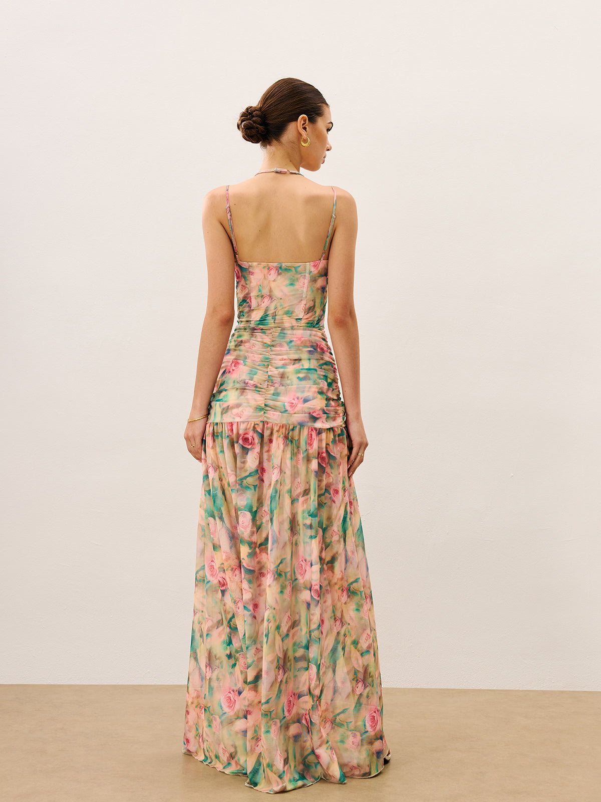 Floral Print Ruched Cami Dress With High Split, Elegant Summer Evening Wear