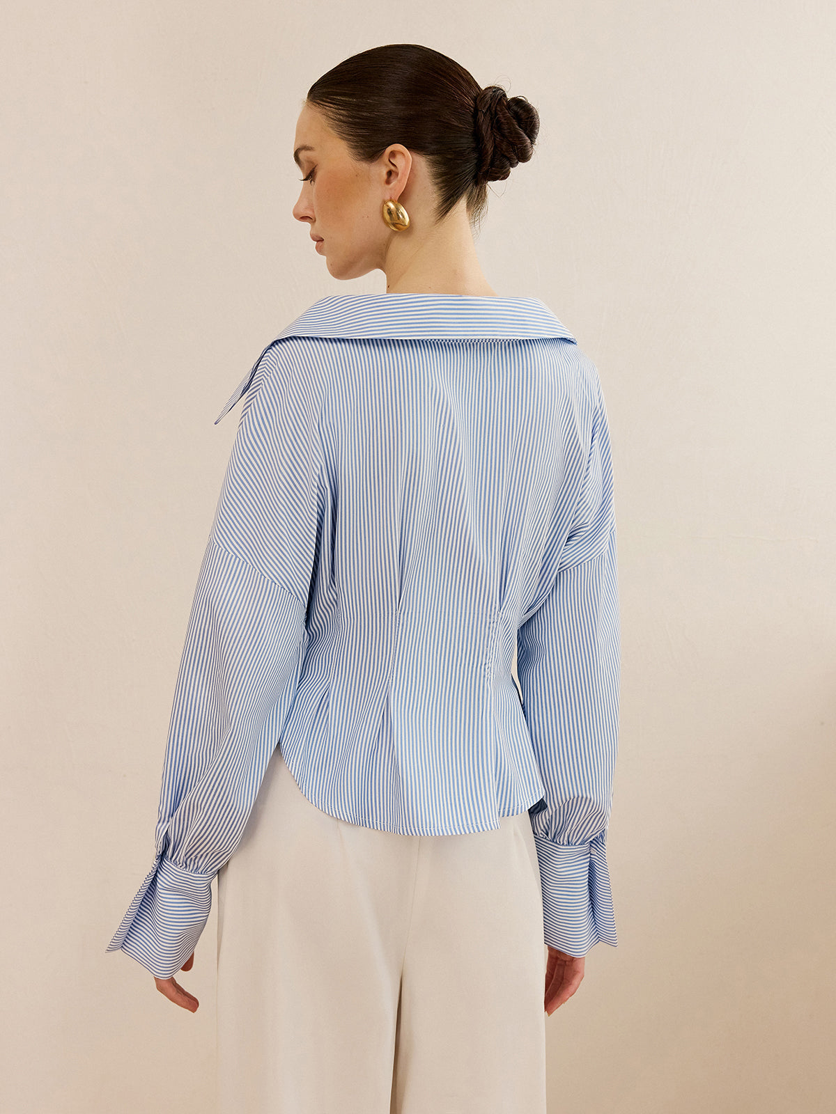 Striped Collared Shirt with Waist-Cinching Design for Women Classic Fit