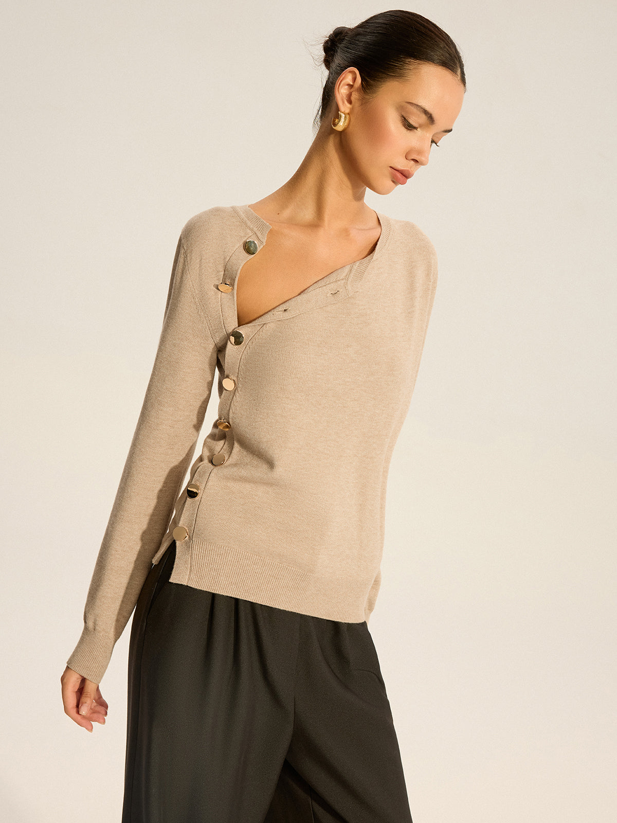 Asymmetric Button Knit Top for Women, Casual Long Sleeve Pullover