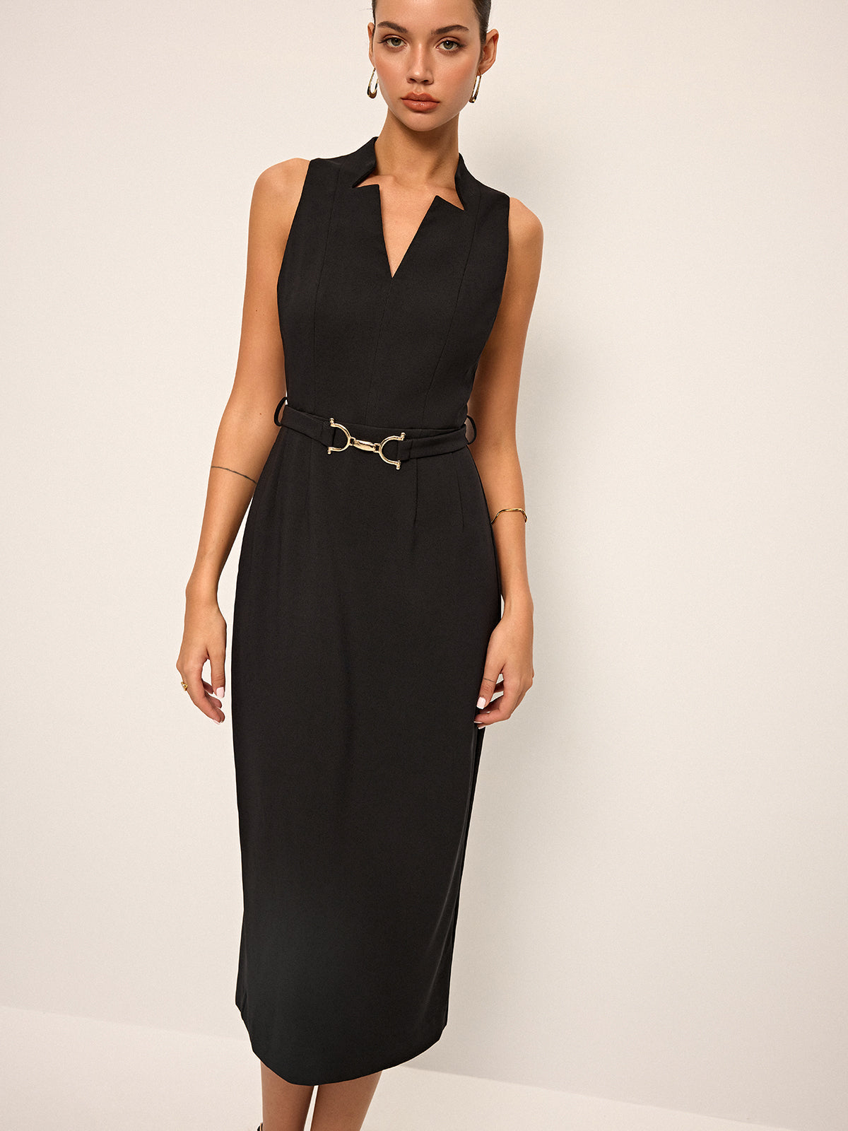 Sleeveless V-Neck Belted Midi Dress for Women Elegant Summer Wear