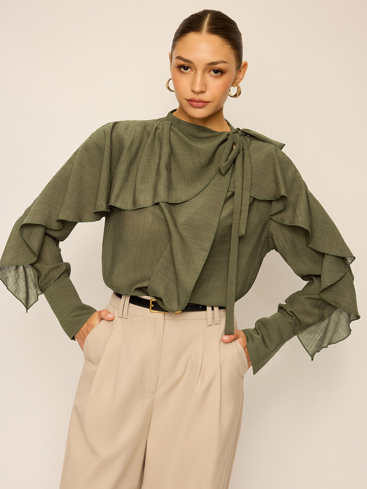 Neckline Tie Ruffled Blouse Elegant Women's Fashion Top