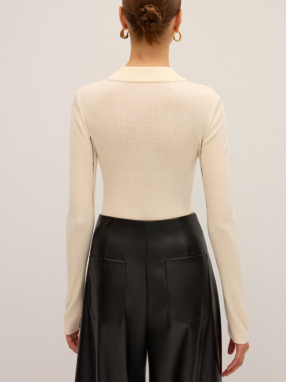 Wool Blend Ribbed Polo Knit Top for Women Comfortable Casual Fit