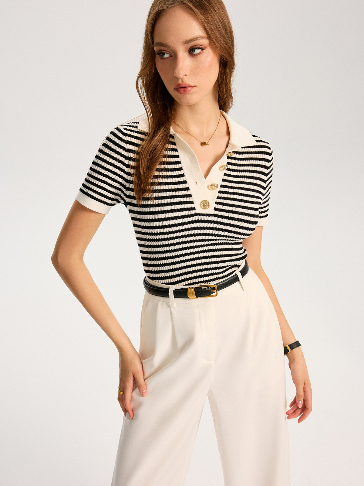 Metal Button Striped Knit Polo Top for Casual Wear