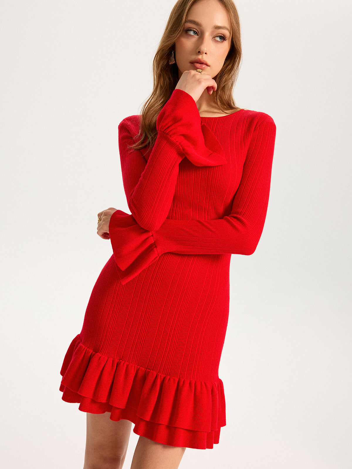 Wool Blend Knit Ruffled Flared Sleeve Mini Dress with Belt Detail