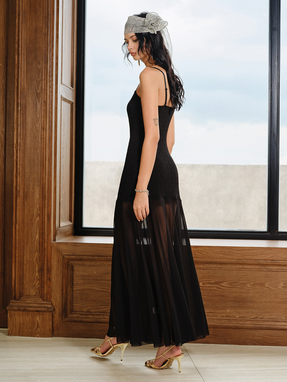 Semi-Sheer Mesh Panel Textured Maxi Dress for Elegant Evening Wear